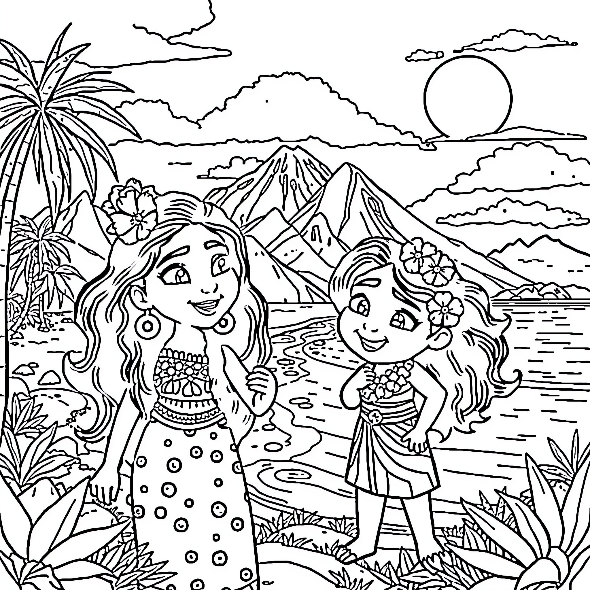 Moana and friend explore tropical island paradise Coloring Page (free black-and-white line drawing printable PDF for all, from beginners to advanced learners, including children, teens, adults, and seniors)