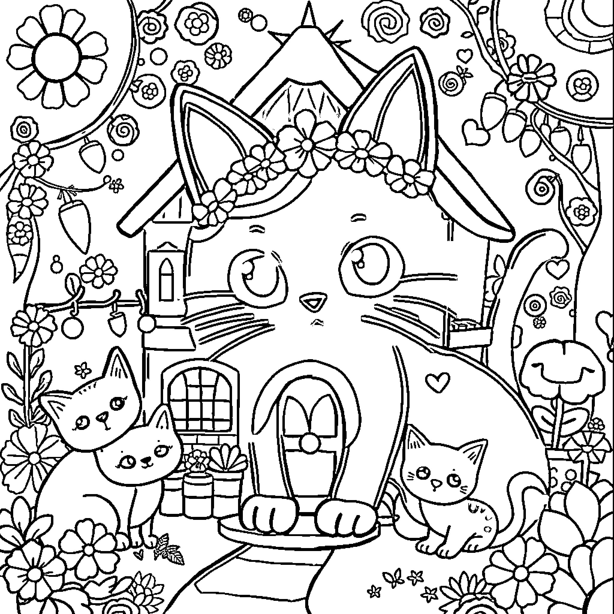 Gabby's Playful Cat Garden Adventure Coloring Page (free black-and-white line drawing printable PDF for all, from beginners to advanced learners, including children, teens, adults, and seniors)