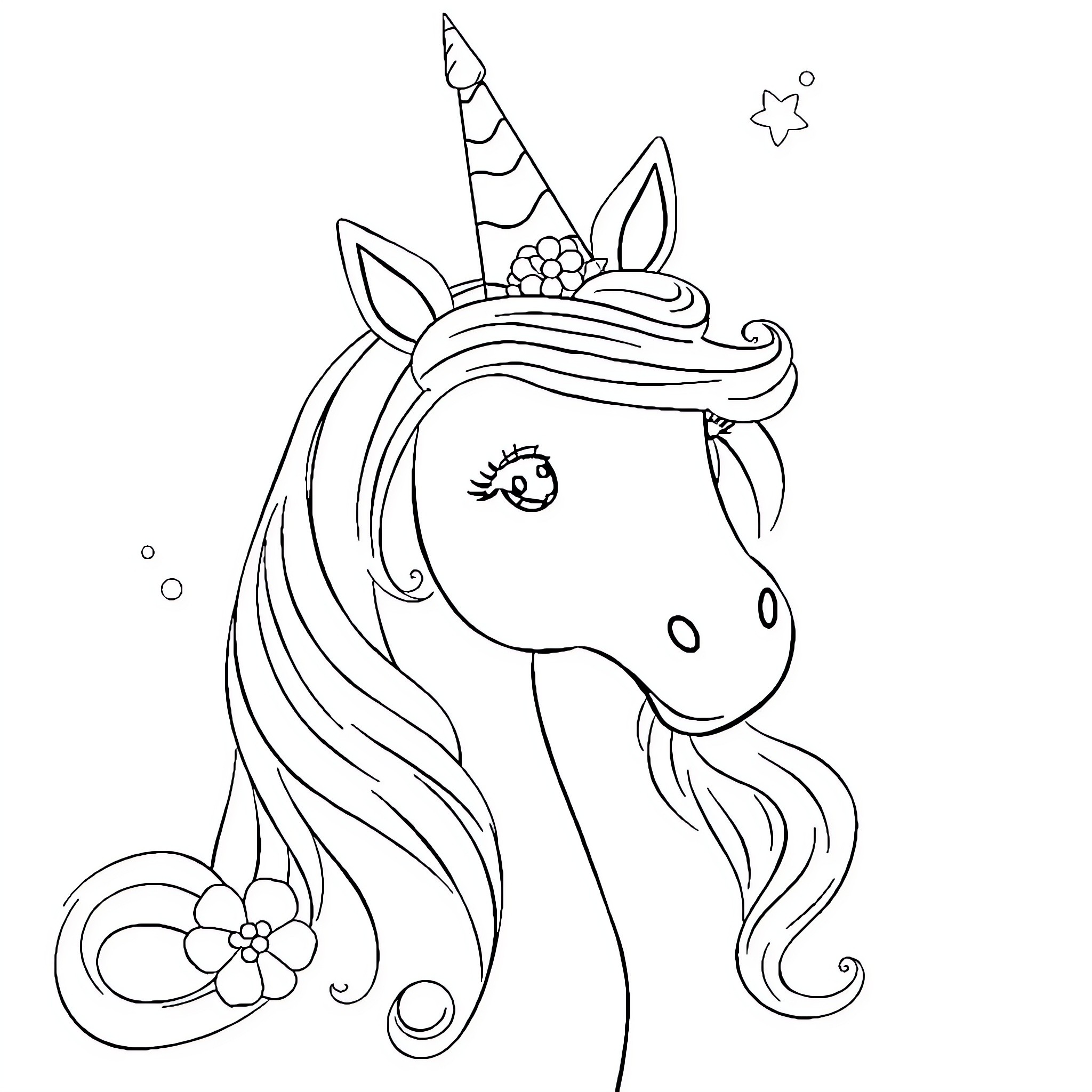 Unicorn with a Whimsical Headdress and Flowers Coloring Page (free black-and-white line drawing printable PDF for all, from beginners to advanced learners, including children, teens, adults, and seniors)