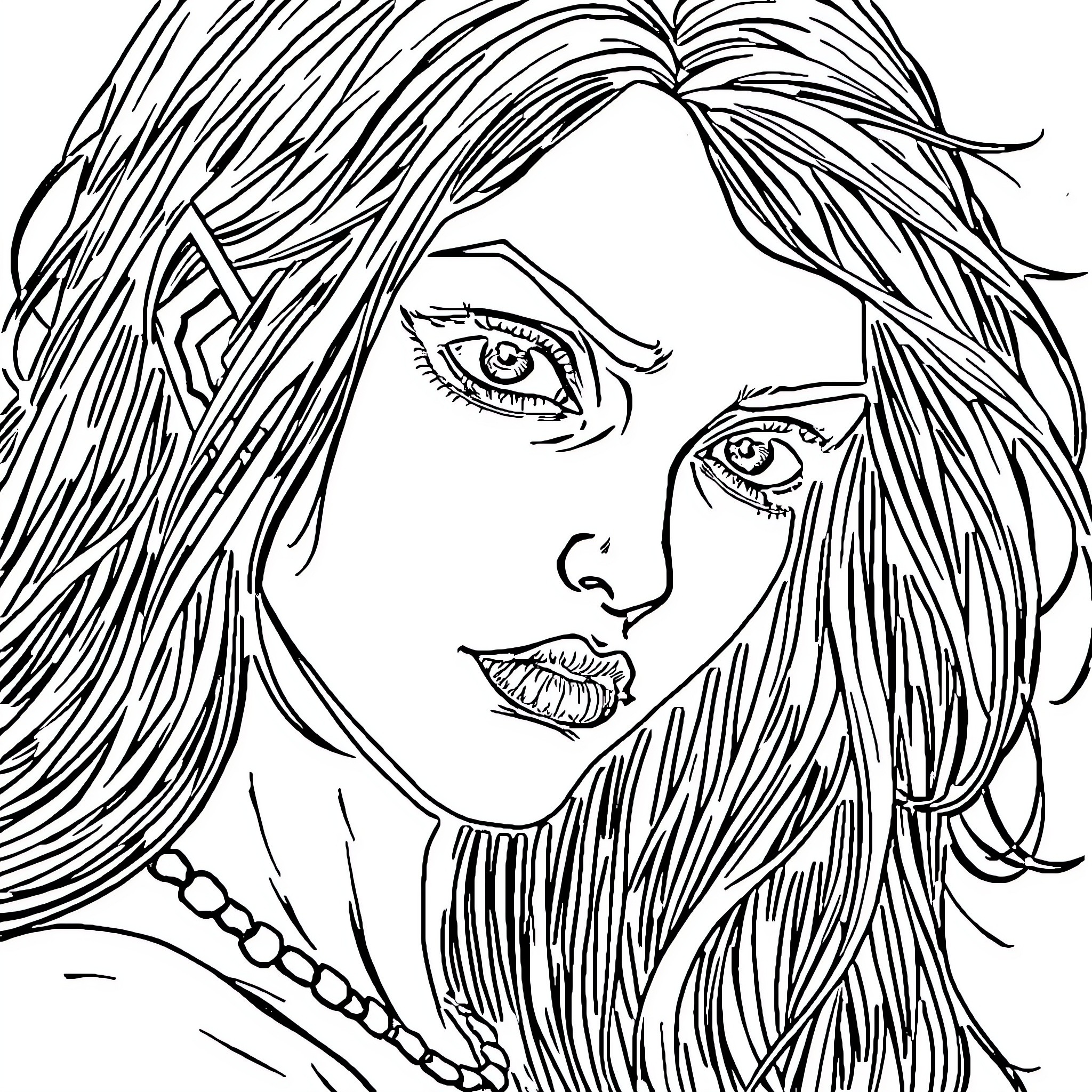Necromancer's Haunting Gaze Coloring Page (free black-and-white line drawing printable PDF for all, from beginners to advanced learners, including children, teens, adults, and seniors)