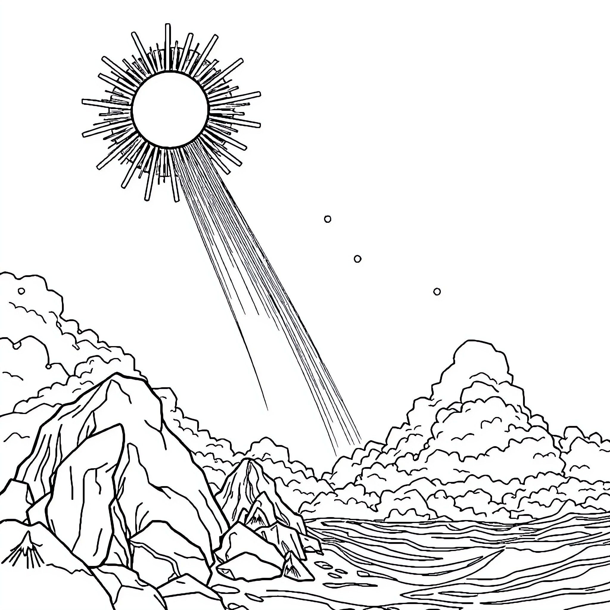 Blue Jay soaring through celestial landscape Coloring Page (free black-and-white line drawing printable PDF for all, from beginners to advanced learners, including children, teens, adults, and seniors)