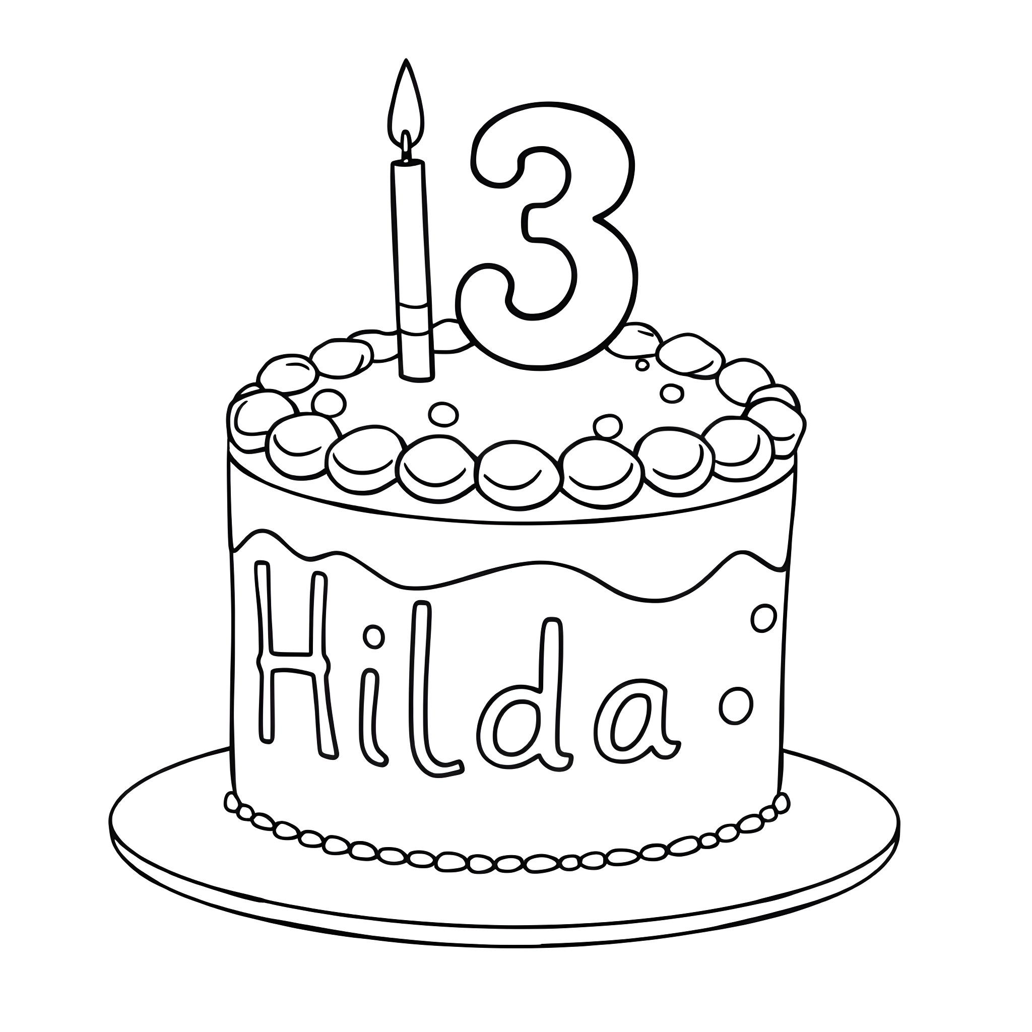 Cake for Hilda's 3rd birthday Coloring Page (free black-and-white line drawing printable PDF for all, from beginners to advanced learners, including children, teens, adults, and seniors)