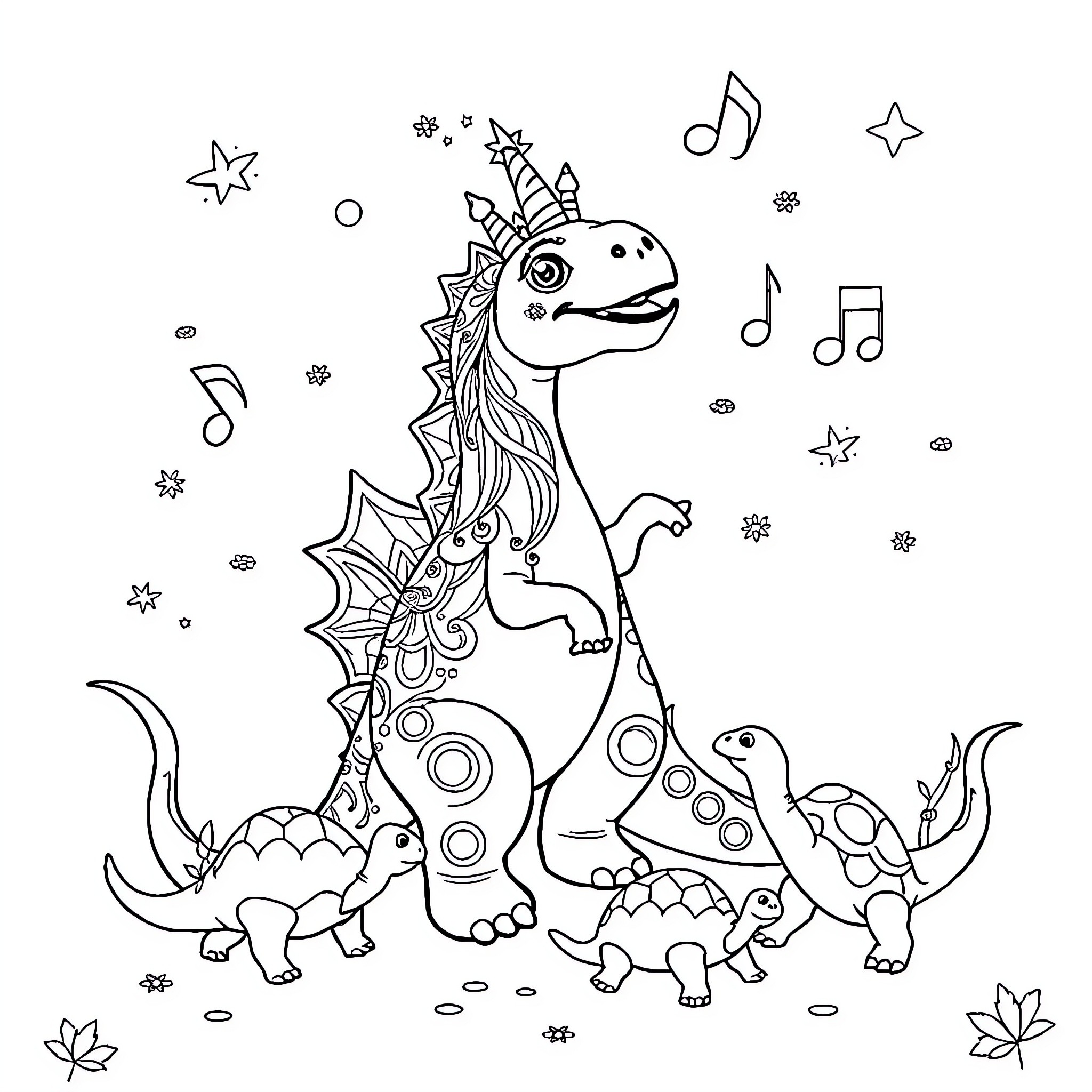 Unicorn dinosaurs playing joyfully with music notes Coloring Page (free black-and-white line drawing printable PDF for all, from beginners to advanced learners, including children, teens, adults, and seniors)