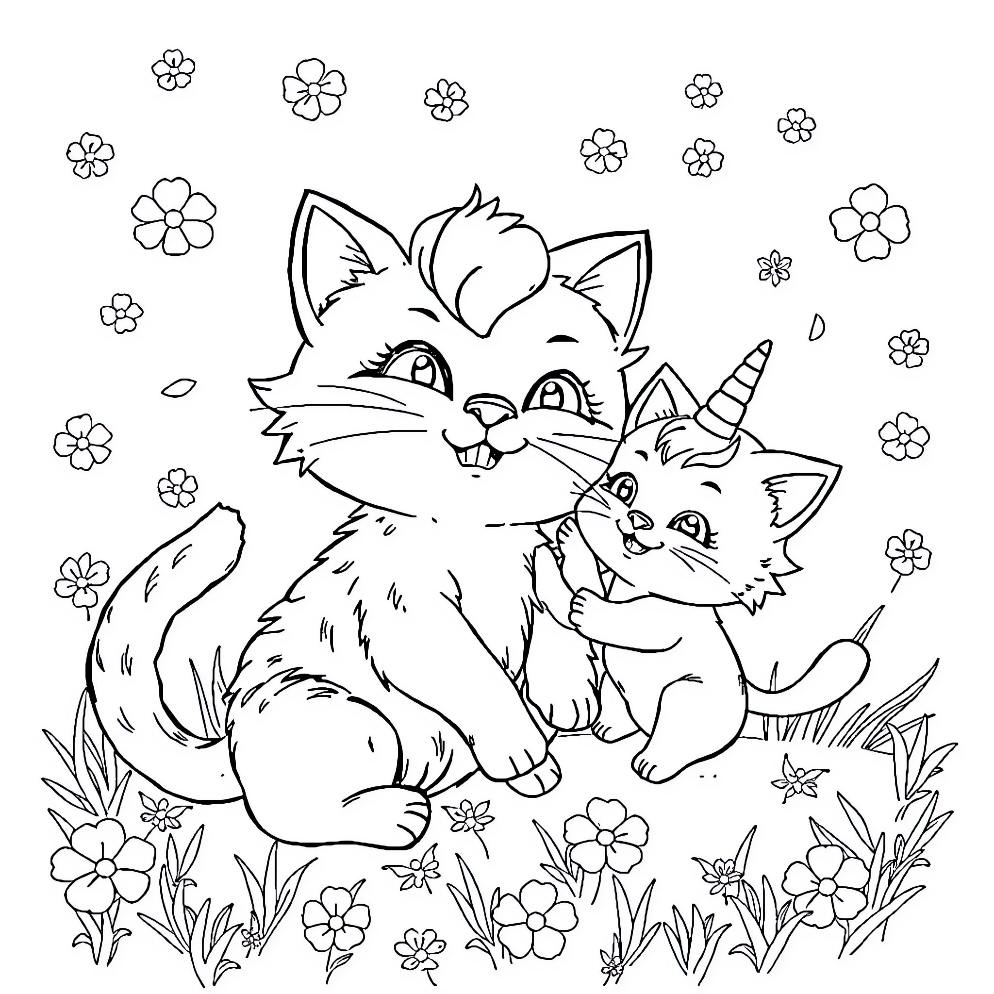 Cats playing in a flowery field Coloring Page (free black-and-white line drawing printable PDF for all, from beginners to advanced learners, including children, teens, adults, and seniors)