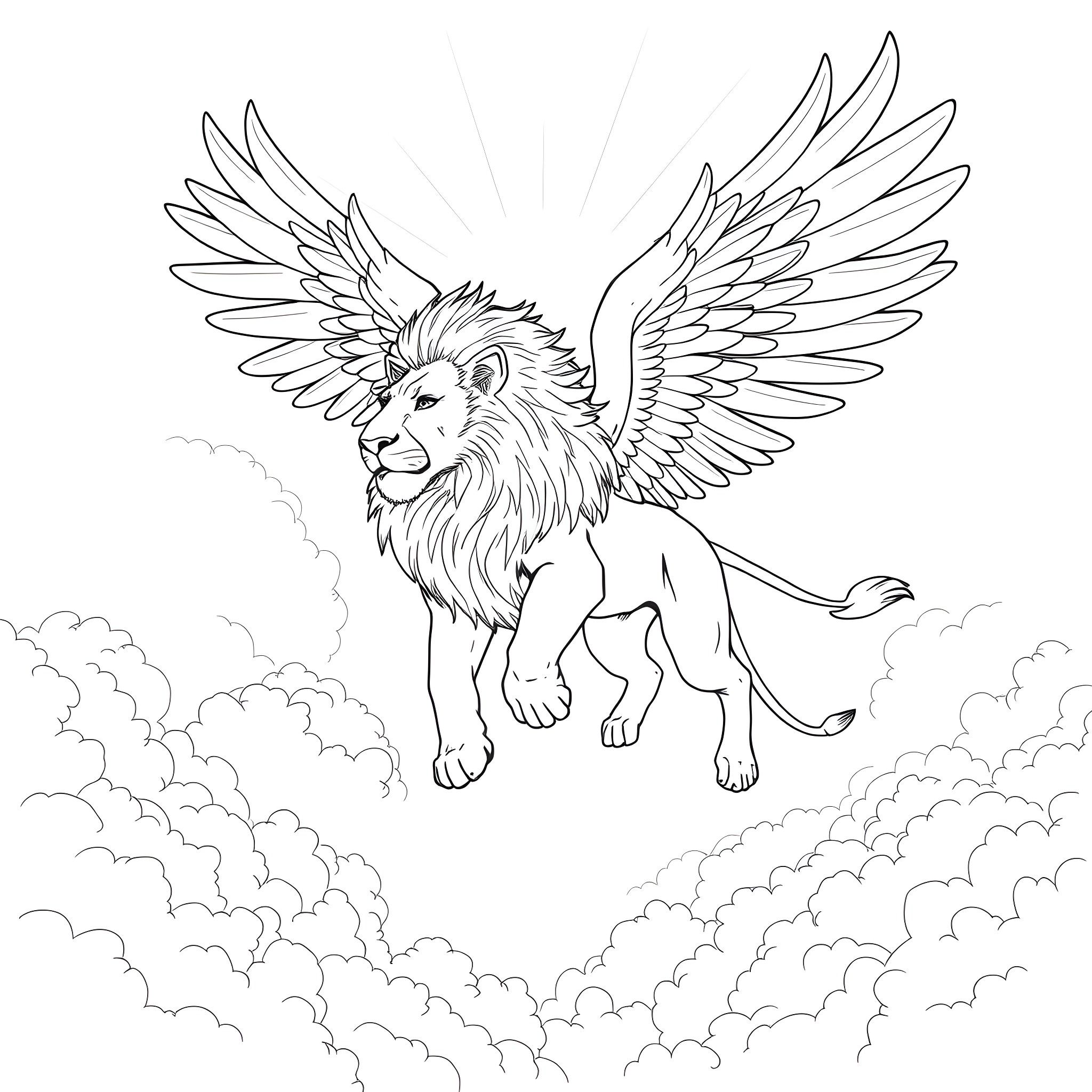Winged Lion soaring through the cloudy skies Coloring Page (free black-and-white line drawing printable PDF for all, from beginners to advanced learners, including children, teens, adults, and seniors)