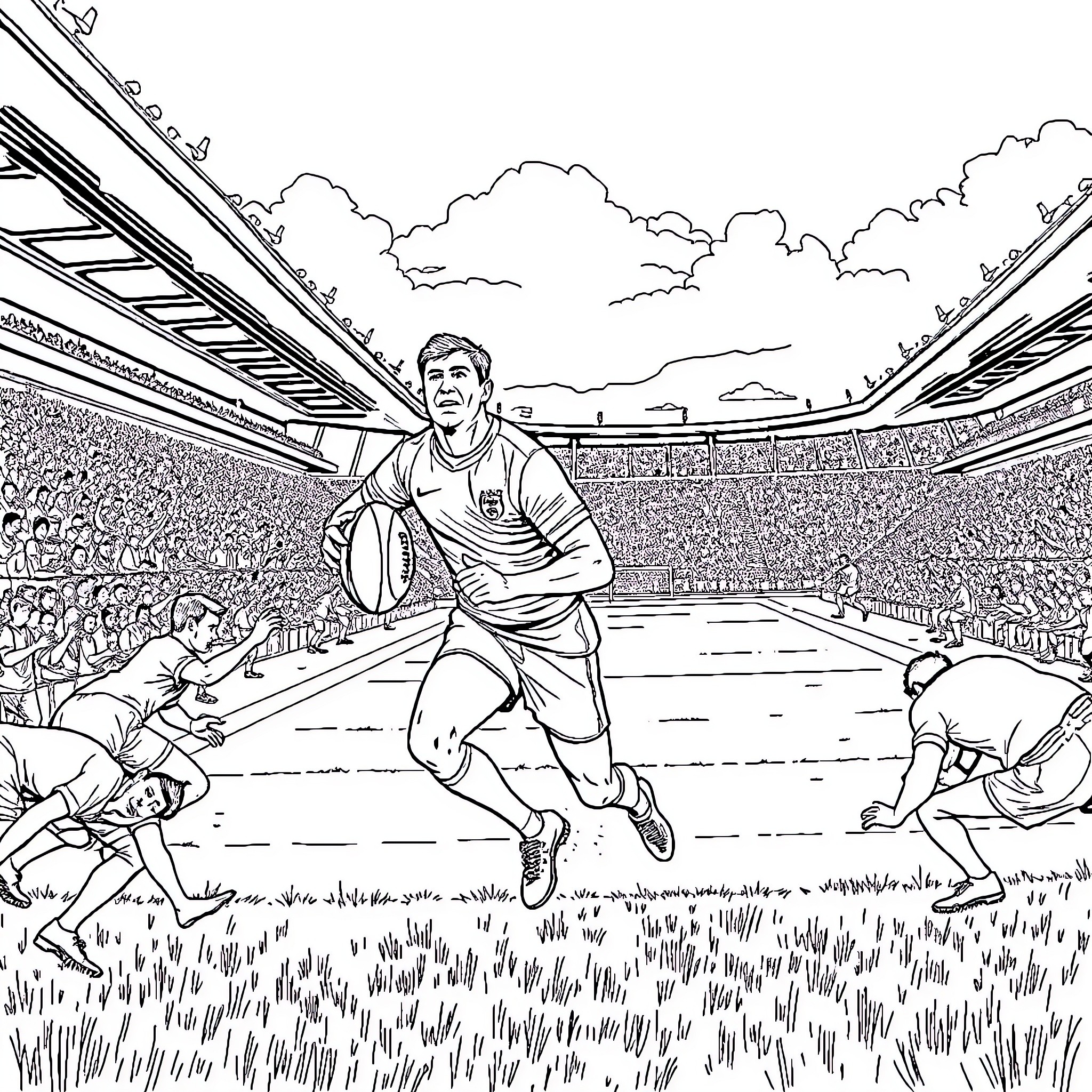 Antoine Dupont in action on the rugby field Coloring Page (free black-and-white line drawing printable PDF for all, from beginners to advanced learners, including children, teens, adults, and seniors)