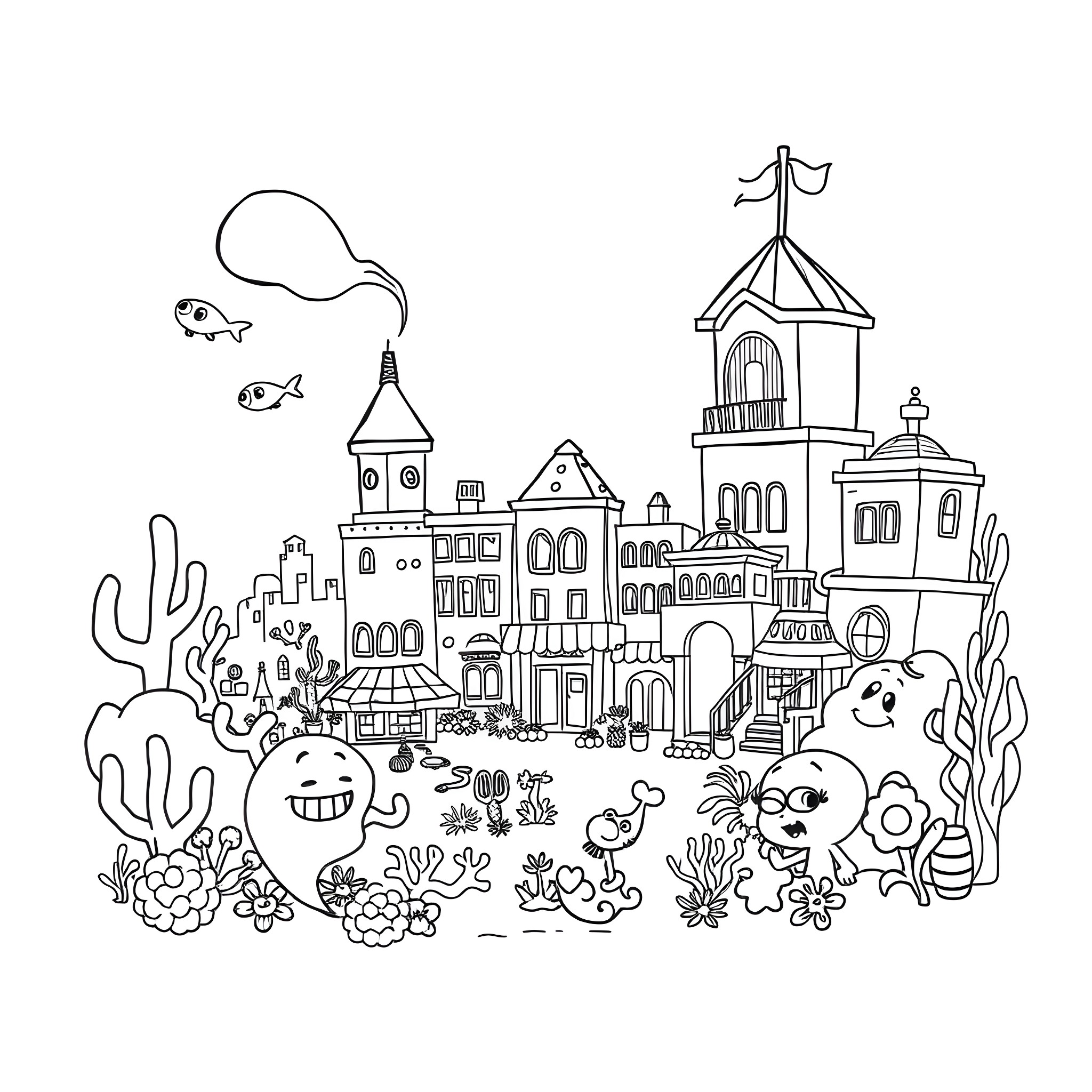 Bikini Bottom Underwater Town with Cheerful Characters Coloring Page (free black-and-white line drawing printable PDF for all, from beginners to advanced learners, including children, teens, adults, and seniors)