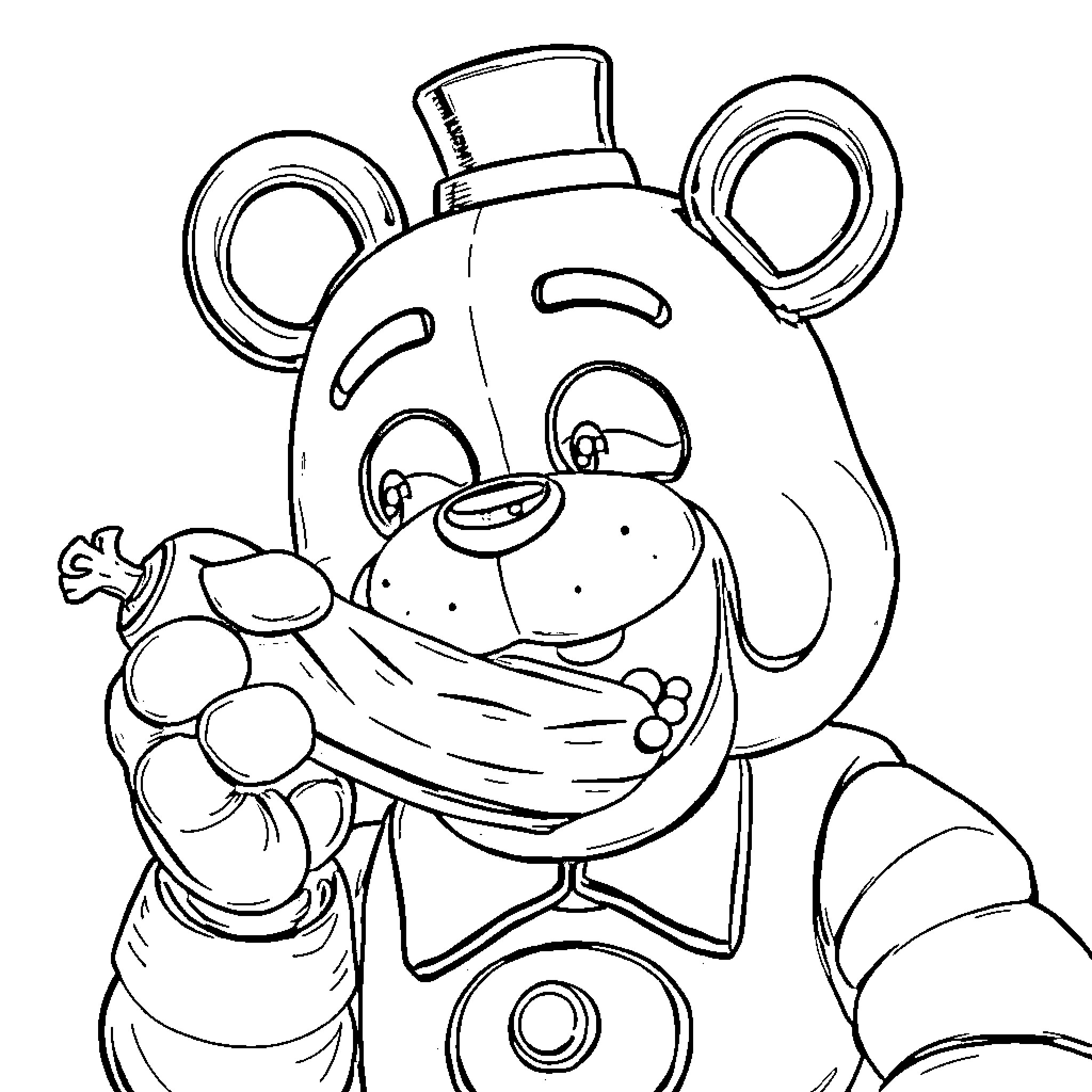 Freddy Fazbear in Distressed Pose Coloring Page (free black-and-white line drawing printable PDF for all, from beginners to advanced learners, including children, teens, adults, and seniors)