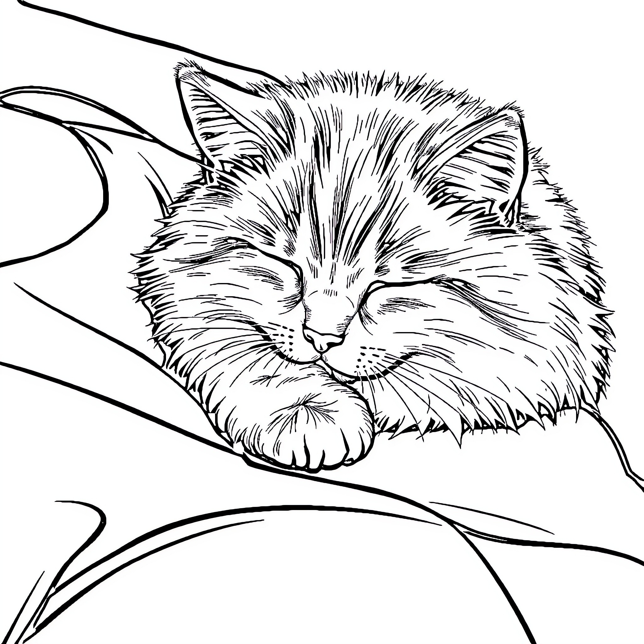 Cat resting peacefully in cozy scene Coloring Page (free black-and-white line drawing printable PDF for all, from beginners to advanced learners, including children, teens, adults, and seniors)