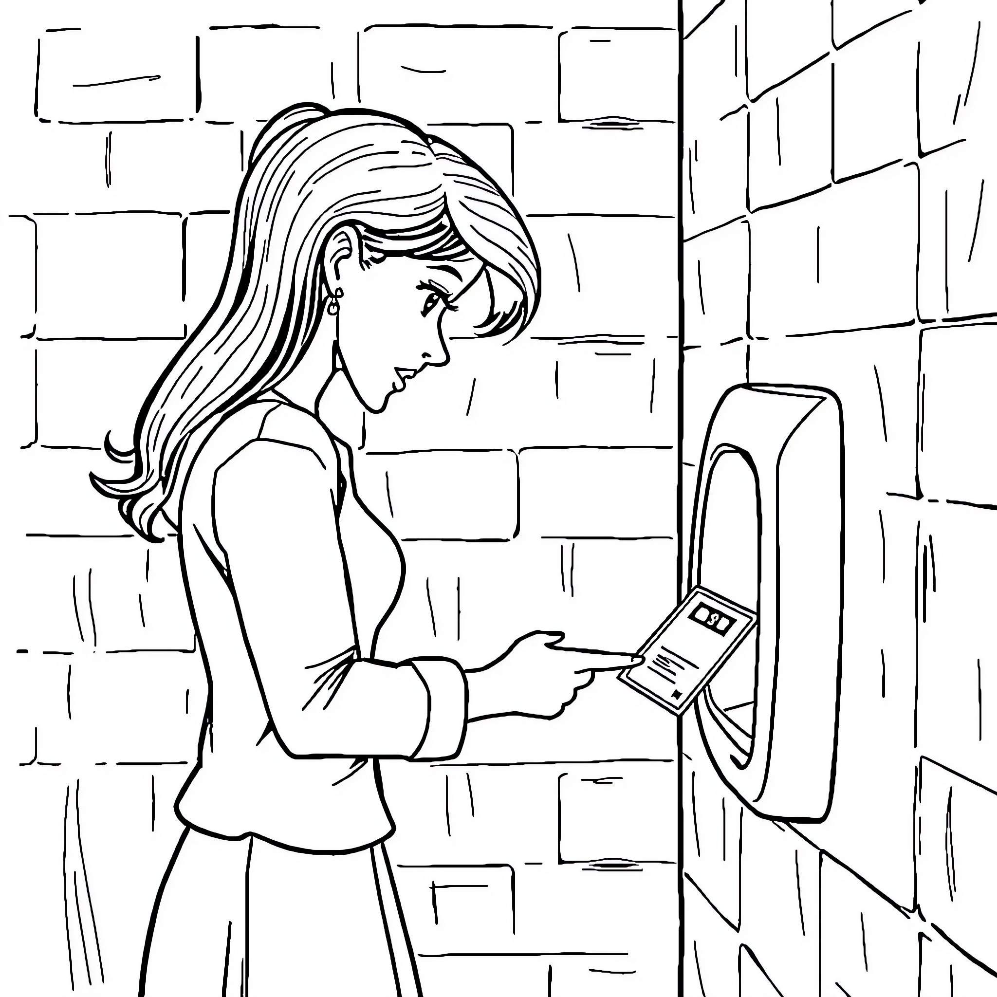 Lady examining a device in a dimly lit environment Coloring Page (free black-and-white line drawing printable PDF for all, from beginners to advanced learners, including children, teens, adults, and seniors)