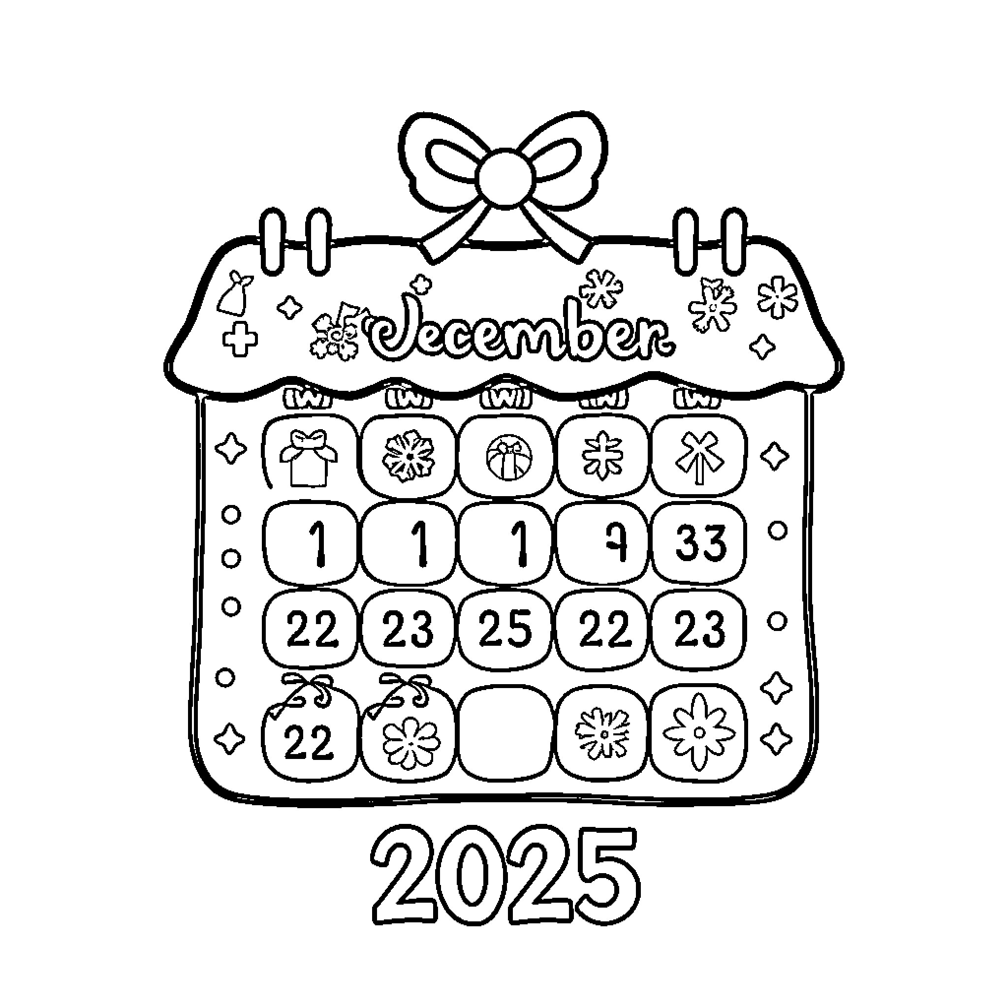 Christmas Countdown Calendar with Festive Decorations Coloring Page (free black-and-white line drawing printable PDF for all, from beginners to advanced learners, including children, teens, adults, and seniors)