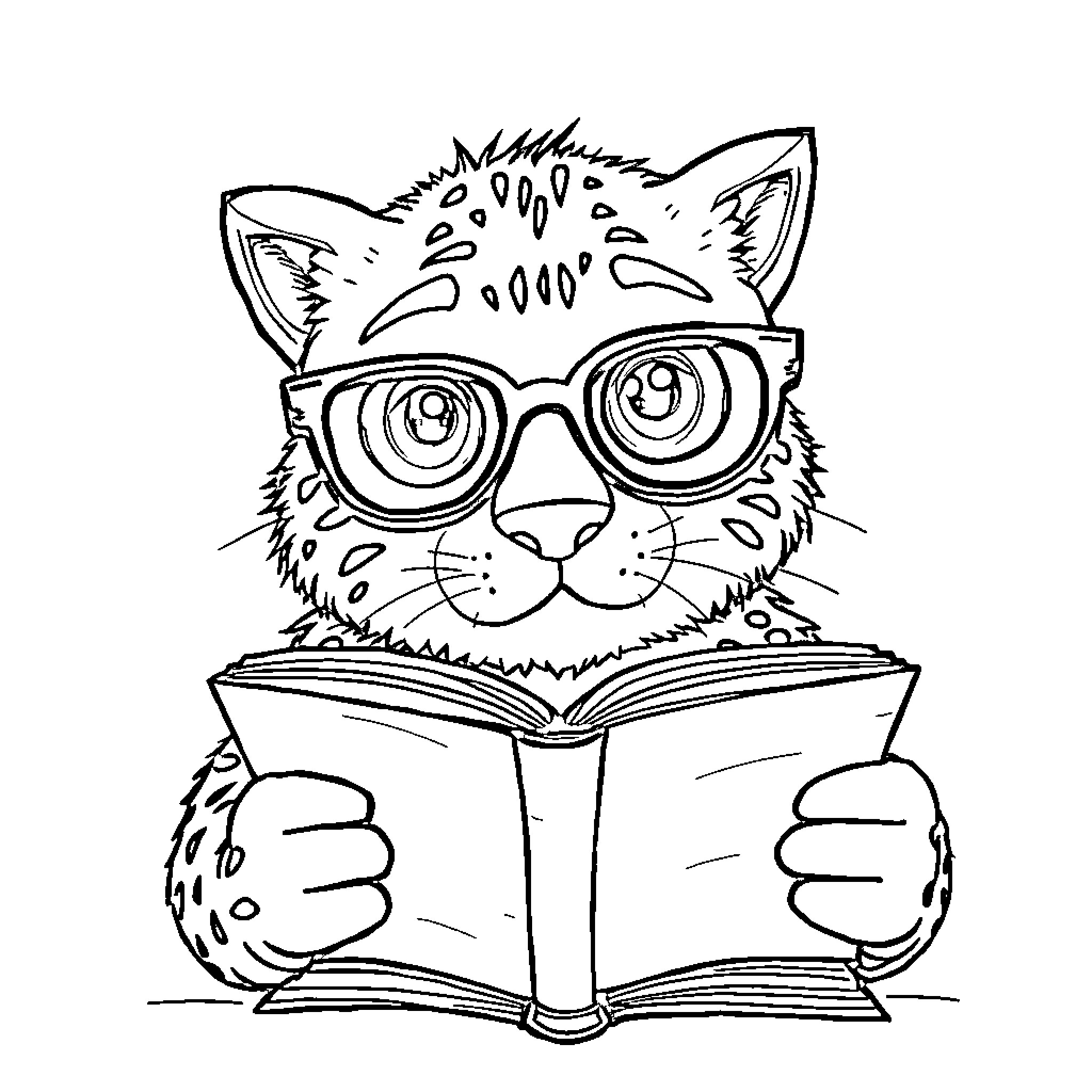 Monkey reading a book with glasses Coloring Page (free black-and-white line drawing printable PDF for all, from beginners to advanced learners, including children, teens, adults, and seniors)