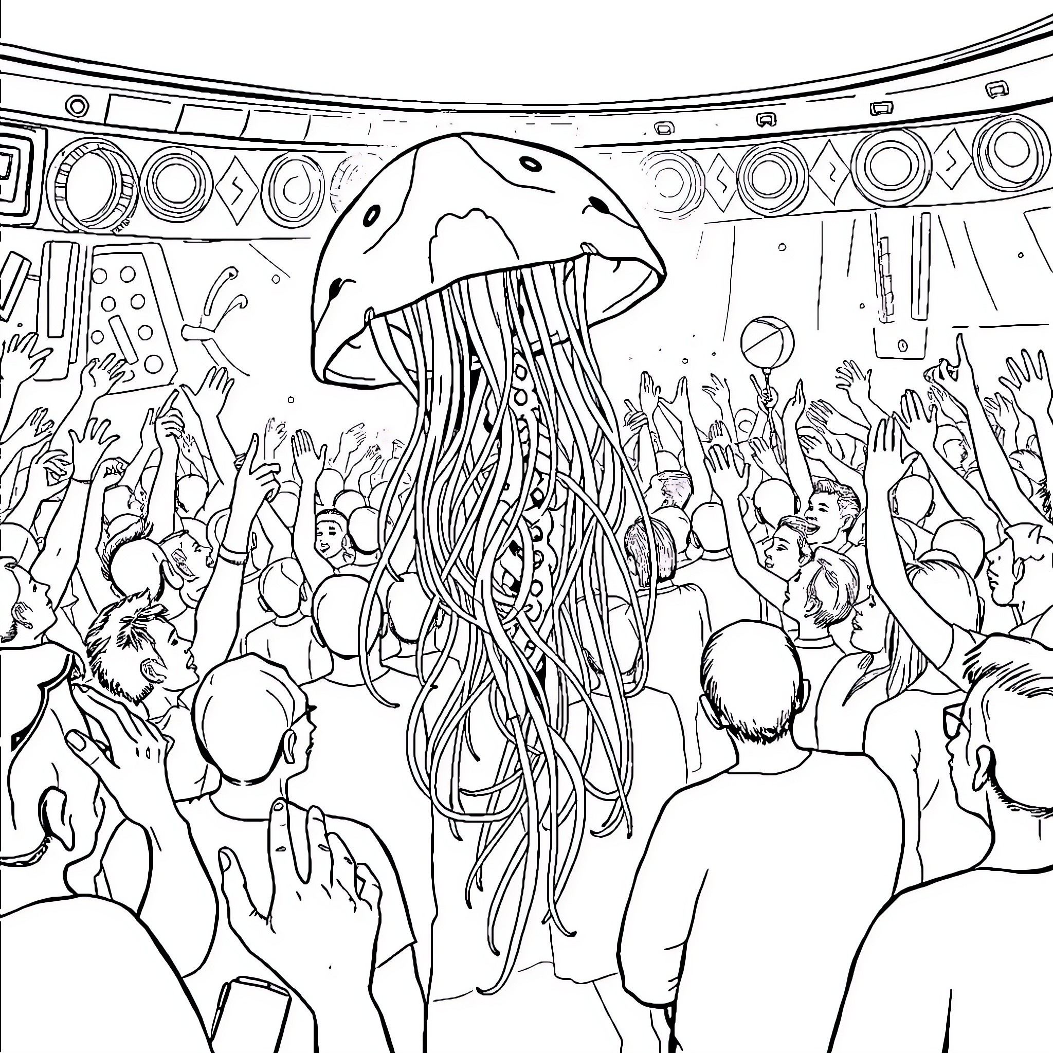 Jellyfish captivates the crowd with its graceful movements Coloring Page (free black-and-white line drawing printable PDF for all, from beginners to advanced learners, including children, teens, adults, and seniors)