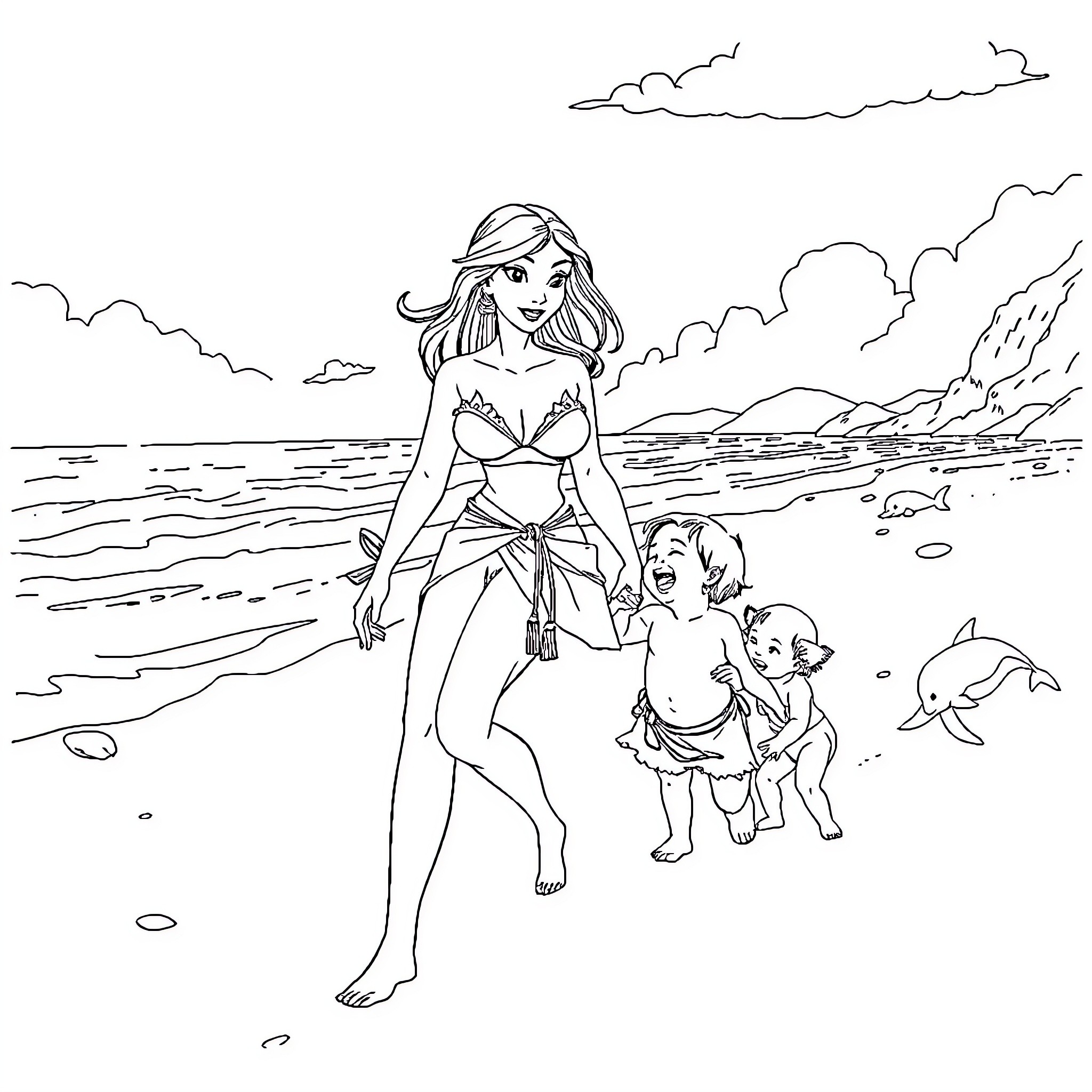 Mulan enjoying a day at the beach with family Coloring Page (free black-and-white line drawing printable PDF for all, from beginners to advanced learners, including children, teens, adults, and seniors)