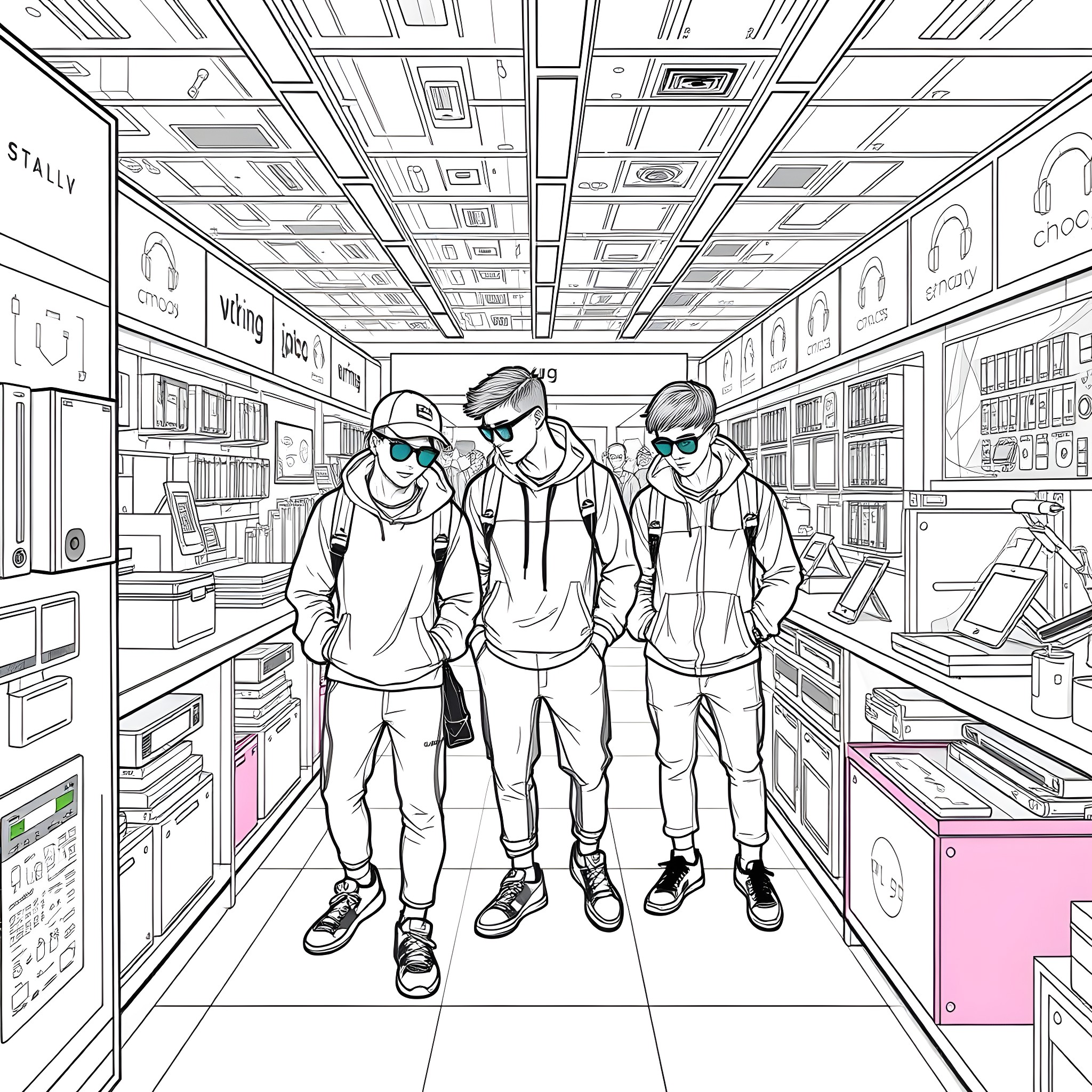 Teen Guys Hanging Out in a Stylish Retail Store Coloring Page (free black-and-white line drawing printable PDF for all, from beginners to advanced learners, including children, teens, adults, and seniors)