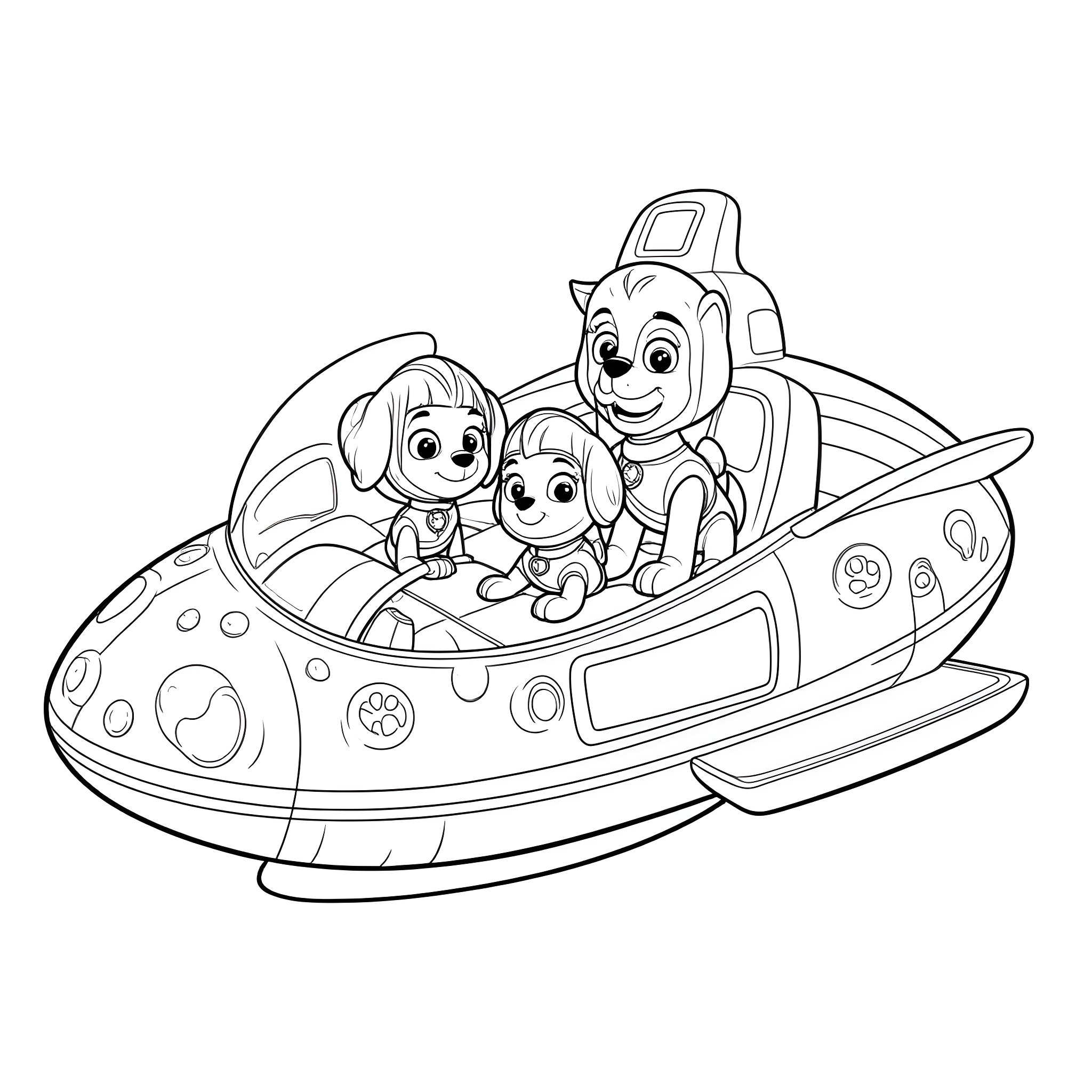 Paw Patrol characters riding in a futuristic vehicle Coloring Page (free black-and-white line drawing printable PDF for all, from beginners to advanced learners, including children, teens, adults, and seniors)