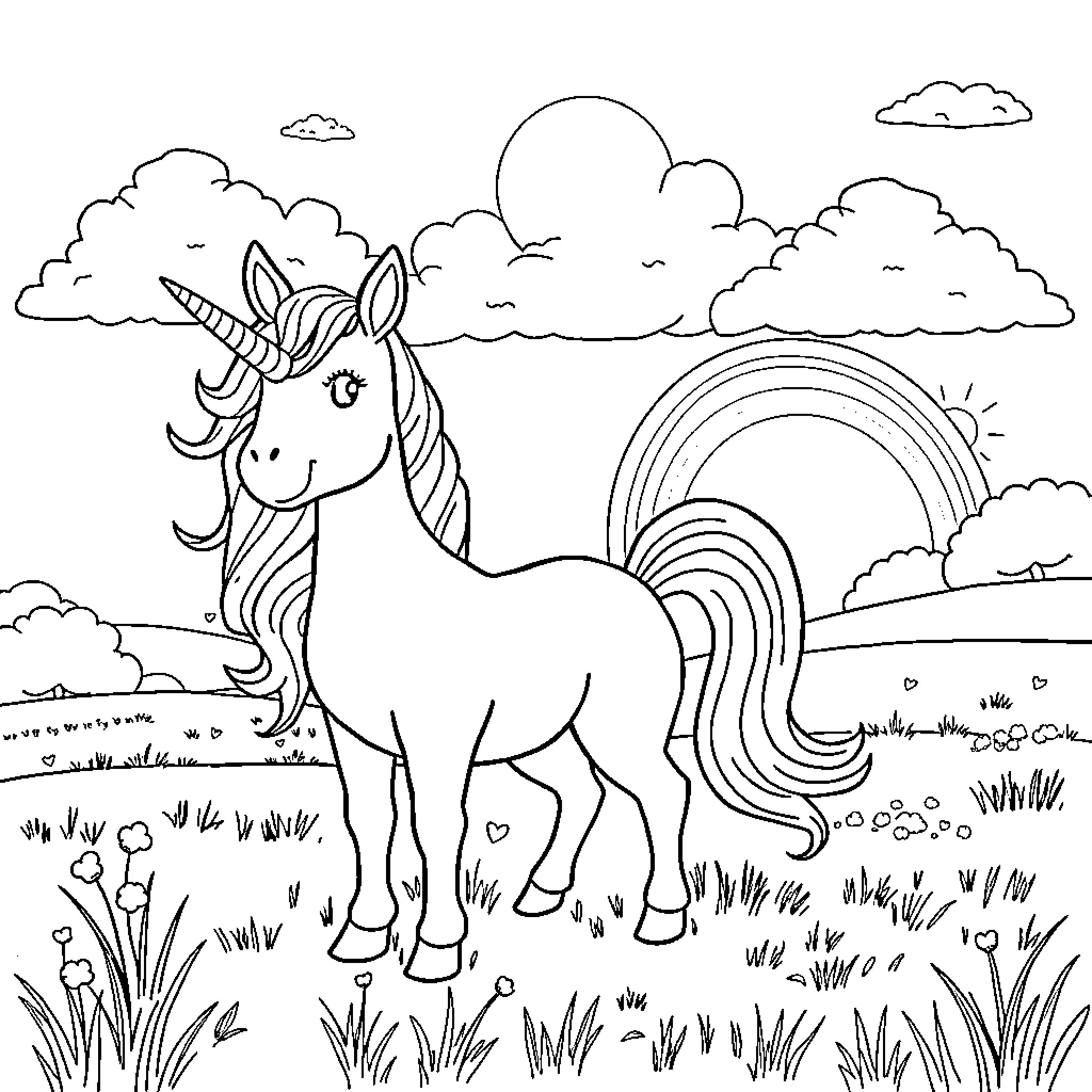 Unicorn enjoying a magical meadow under the rainbow Coloring Page (free black-and-white line drawing printable PDF for all, from beginners to advanced learners, including children, teens, adults, and seniors)