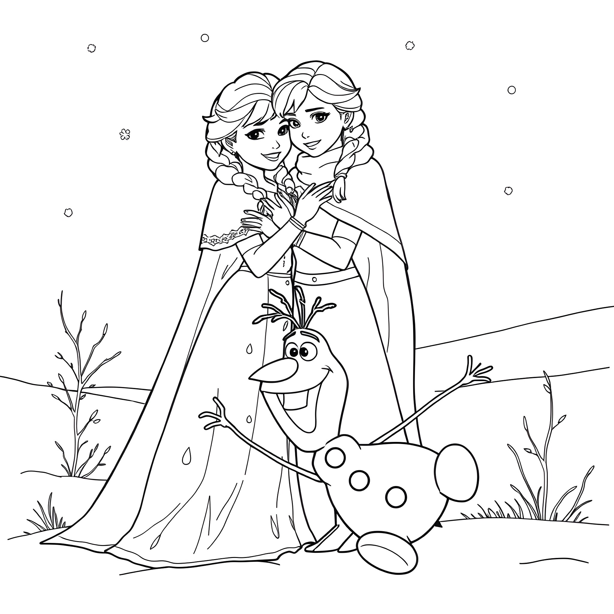 Anna and Elsa hugging with Olaf in the snow Coloring Page (free black-and-white line drawing printable PDF for all, from beginners to advanced learners, including children, teens, adults, and seniors)