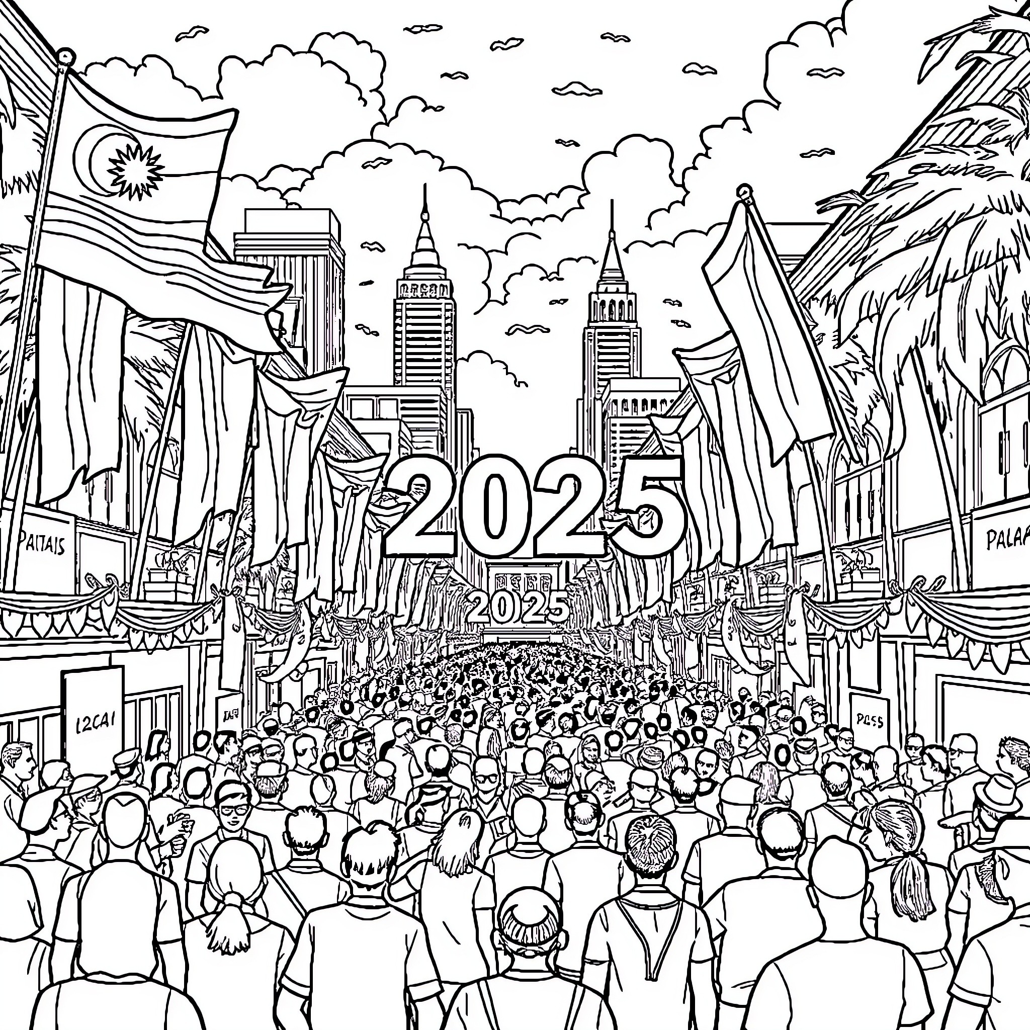 Malaysia welcomes the new year with vibrant festivities Coloring Page (free black-and-white line drawing printable PDF for all, from beginners to advanced learners, including children, teens, adults, and seniors)