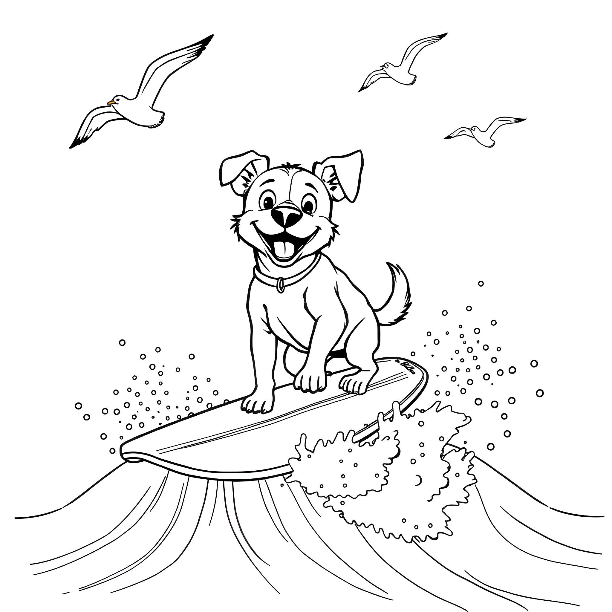Dog surfing happily on ocean waves with seagulls Coloring Page (free black-and-white line drawing printable PDF for all, from beginners to advanced learners, including children, teens, adults, and seniors)