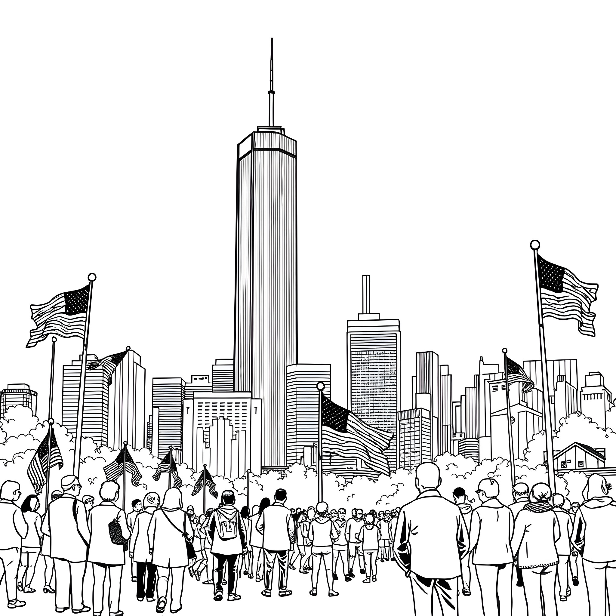 9/11 Remembrance in New York City Coloring Page (free black-and-white line drawing printable PDF for all, from beginners to advanced learners, including children, teens, adults, and seniors)