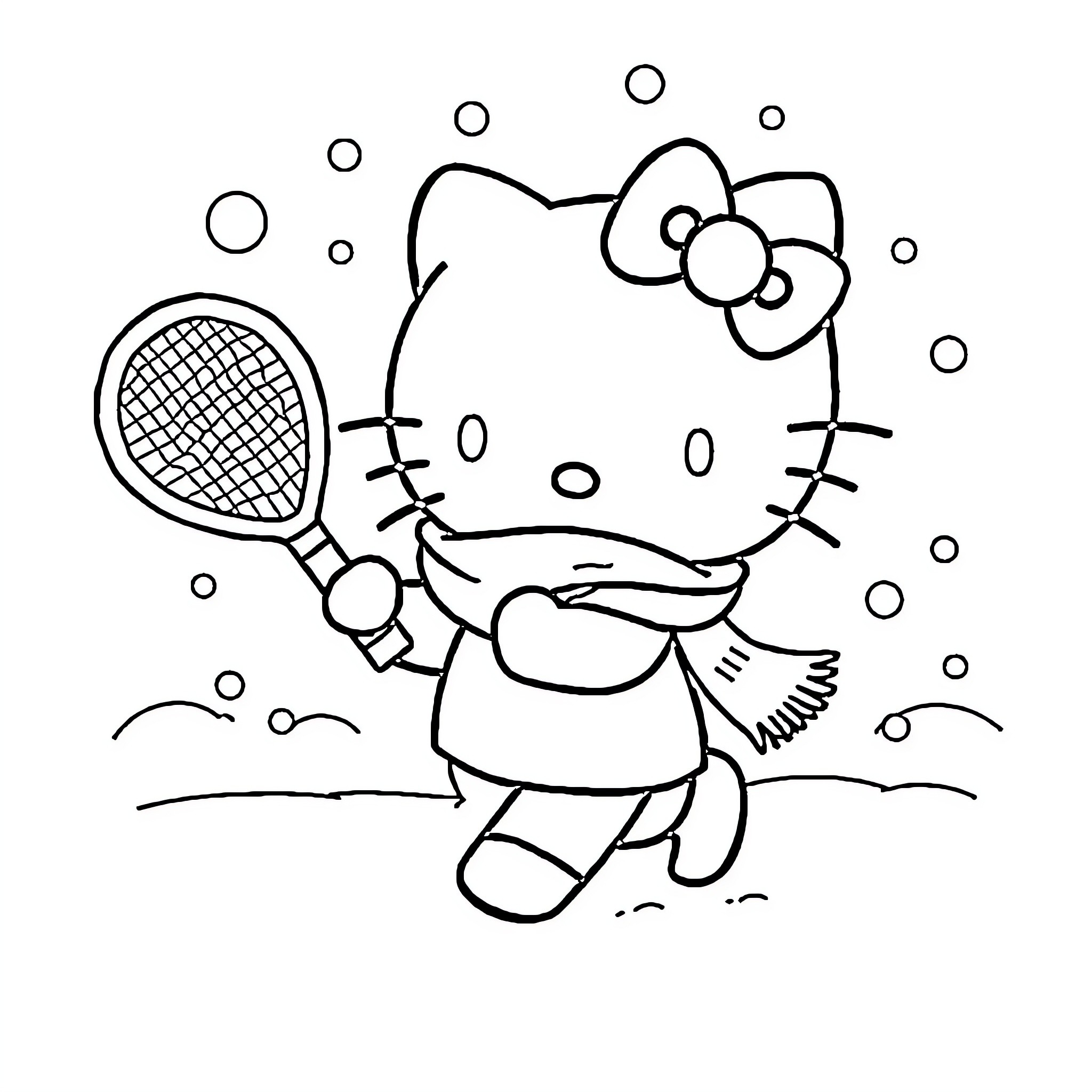 Hello Kitty playing tennis with bubbles Coloring Page (free black-and-white line drawing printable PDF for all, from beginners to advanced learners, including children, teens, adults, and seniors)