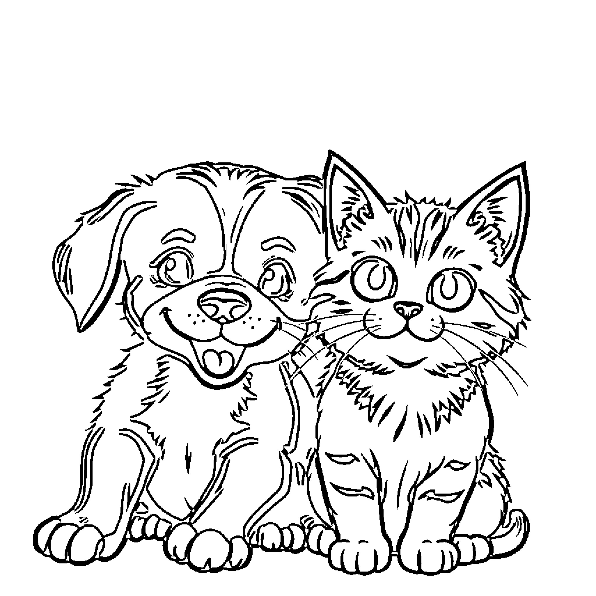 Dog and cat playing together happily Coloring Page (free black-and-white line drawing printable PDF for all, from beginners to advanced learners, including children, teens, adults, and seniors)
