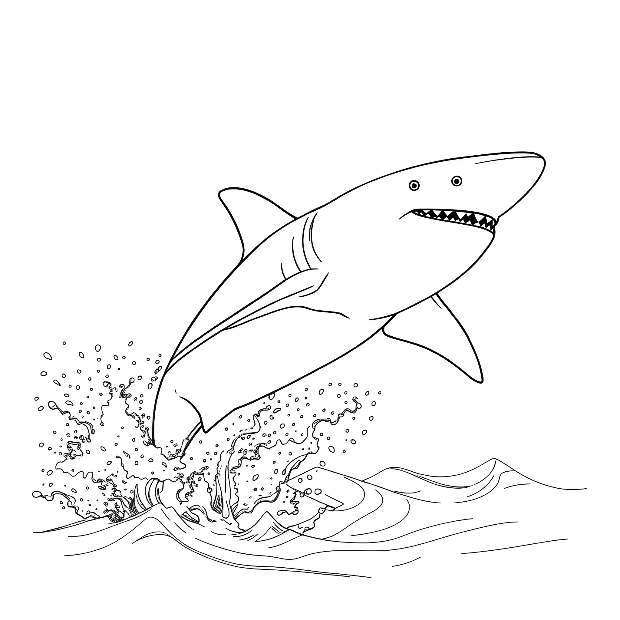Shark jumping out of water with waves Coloring Page (free black-and-white line drawing printable PDF for all, from beginners to advanced learners, including children, teens, adults, and seniors)