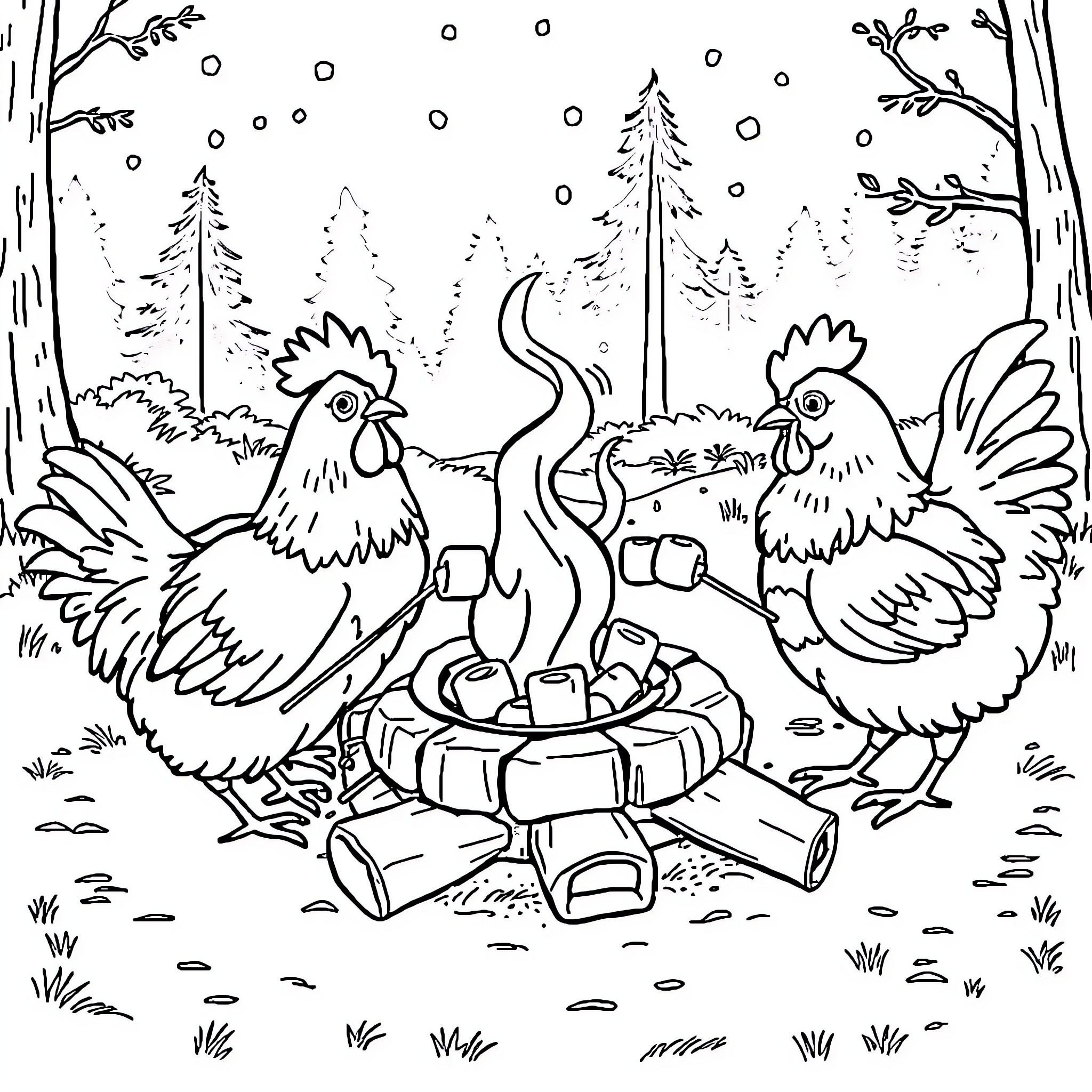 Chickens enjoying a festive winter scene Coloring Page (free black-and-white line drawing printable PDF for all, from beginners to advanced learners, including children, teens, adults, and seniors)