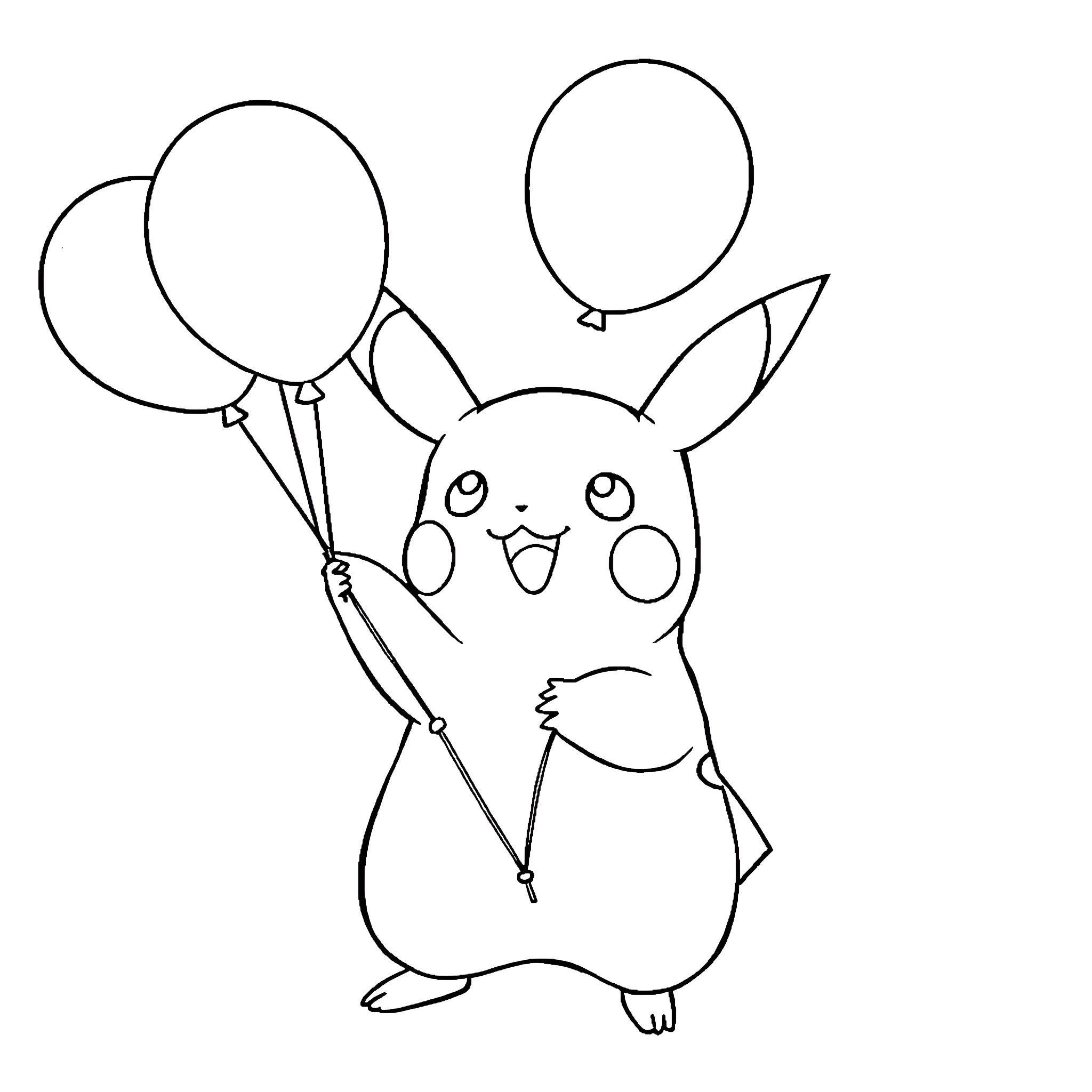 Pikachu with balloons having fun Coloring Page (free black-and-white line drawing printable PDF for all, from beginners to advanced learners, including children, teens, adults, and seniors)