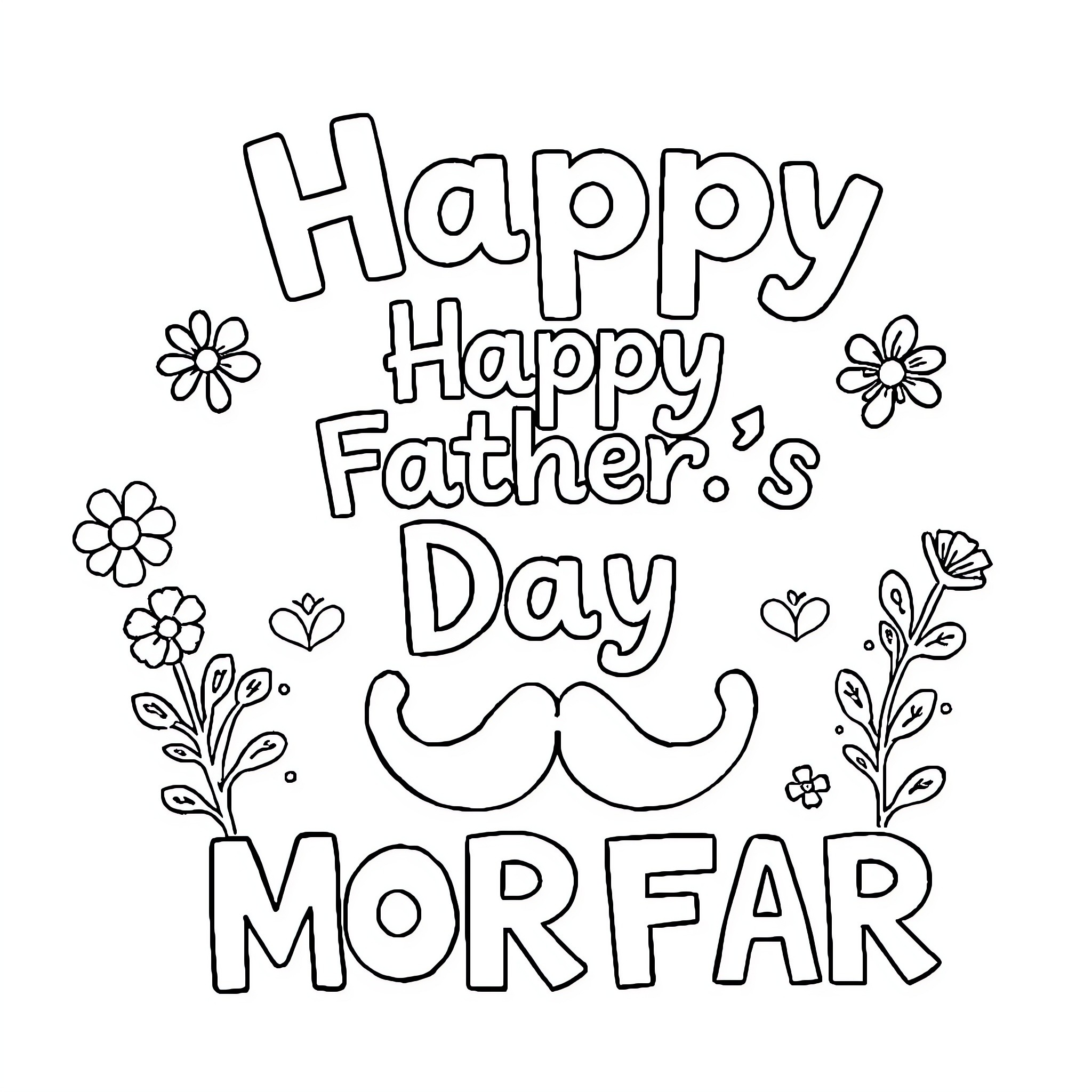 Father's joyful Father's Day celebration with mustache Coloring Page (free black-and-white line drawing printable PDF for all, from beginners to advanced learners, including children, teens, adults, and seniors)