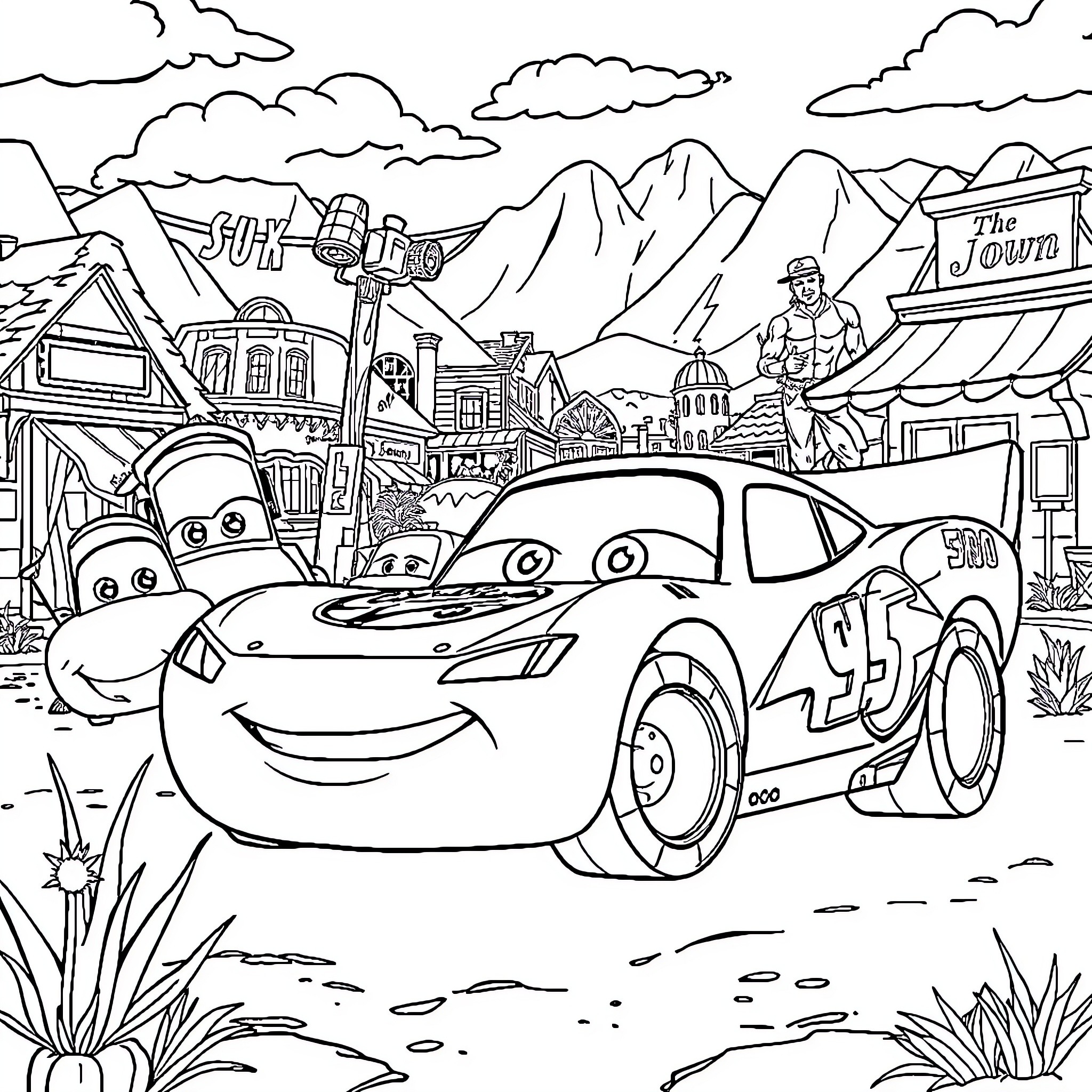 Lightning McQueen racing through a lively town Coloring Page (free black-and-white line drawing printable PDF for all, from beginners to advanced learners, including children, teens, adults, and seniors)