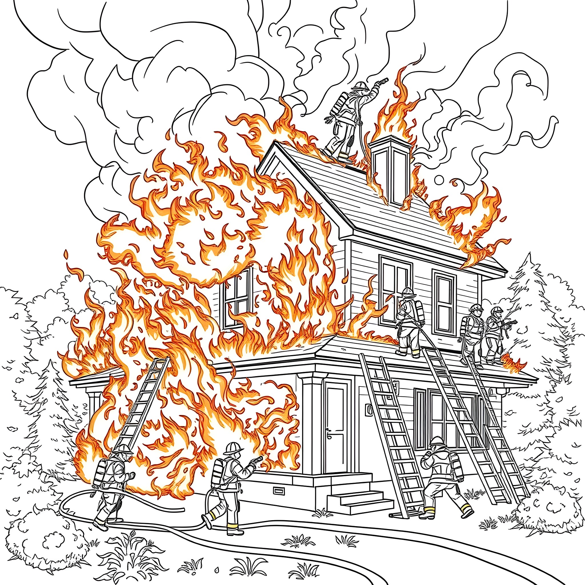 Firefighters battling blaze at burning house Coloring Page (free black-and-white line drawing printable PDF for all, from beginners to advanced learners, including children, teens, adults, and seniors)