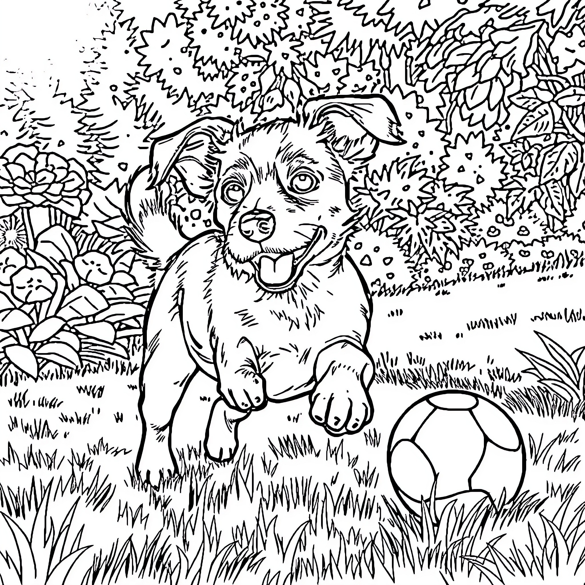 Jack Russell puppy playing with ball in grassy field Coloring Page (free black-and-white line drawing printable PDF for all, from beginners to advanced learners, including children, teens, adults, and seniors)