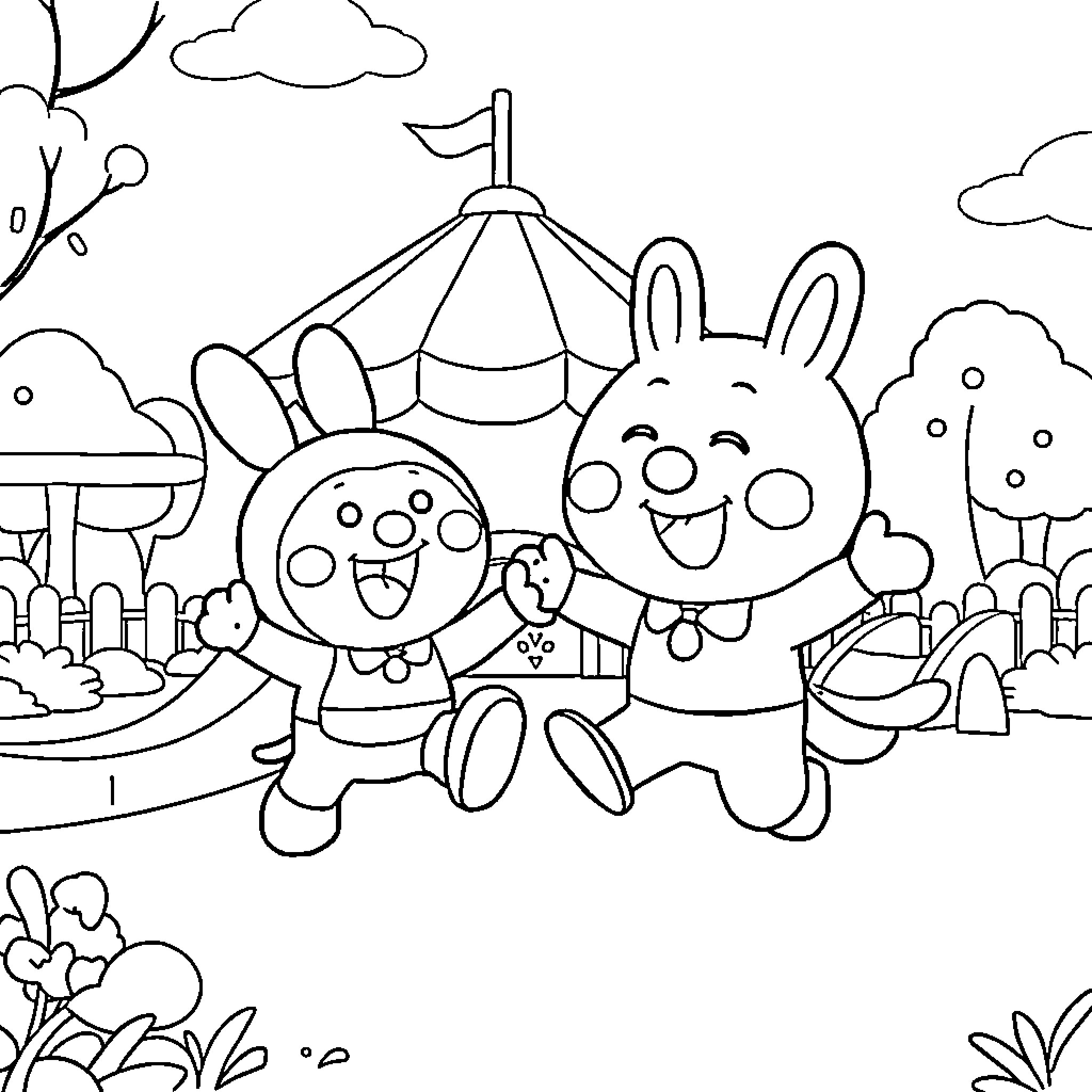 Anpanman characters enjoying a day at the carnival Coloring Page (free black-and-white line drawing printable PDF for all, from beginners to advanced learners, including children, teens, adults, and seniors)