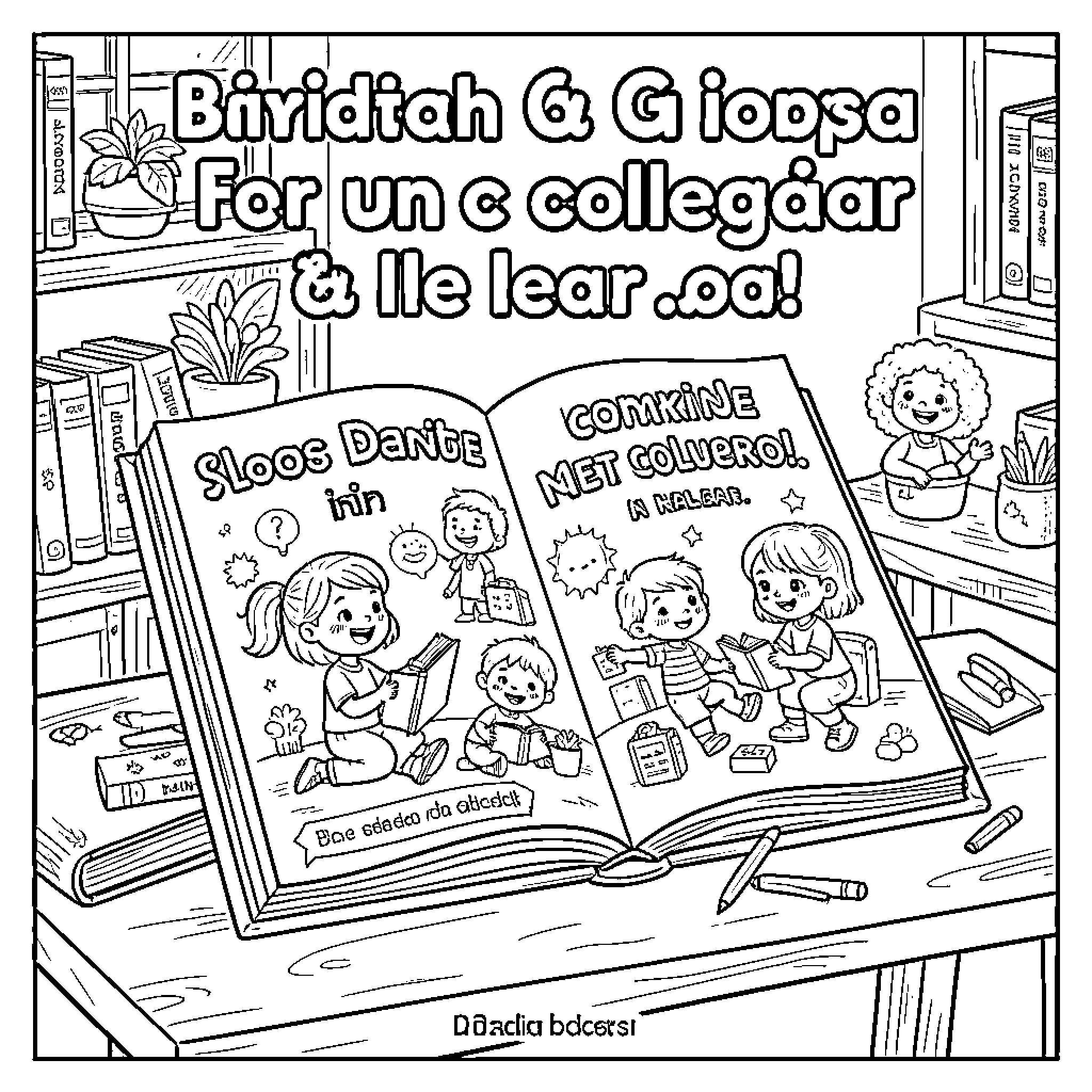 Book depicting children reading and studying together Coloring Page (free black-and-white line drawing printable PDF for all, from beginners to advanced learners, including children, teens, adults, and seniors)