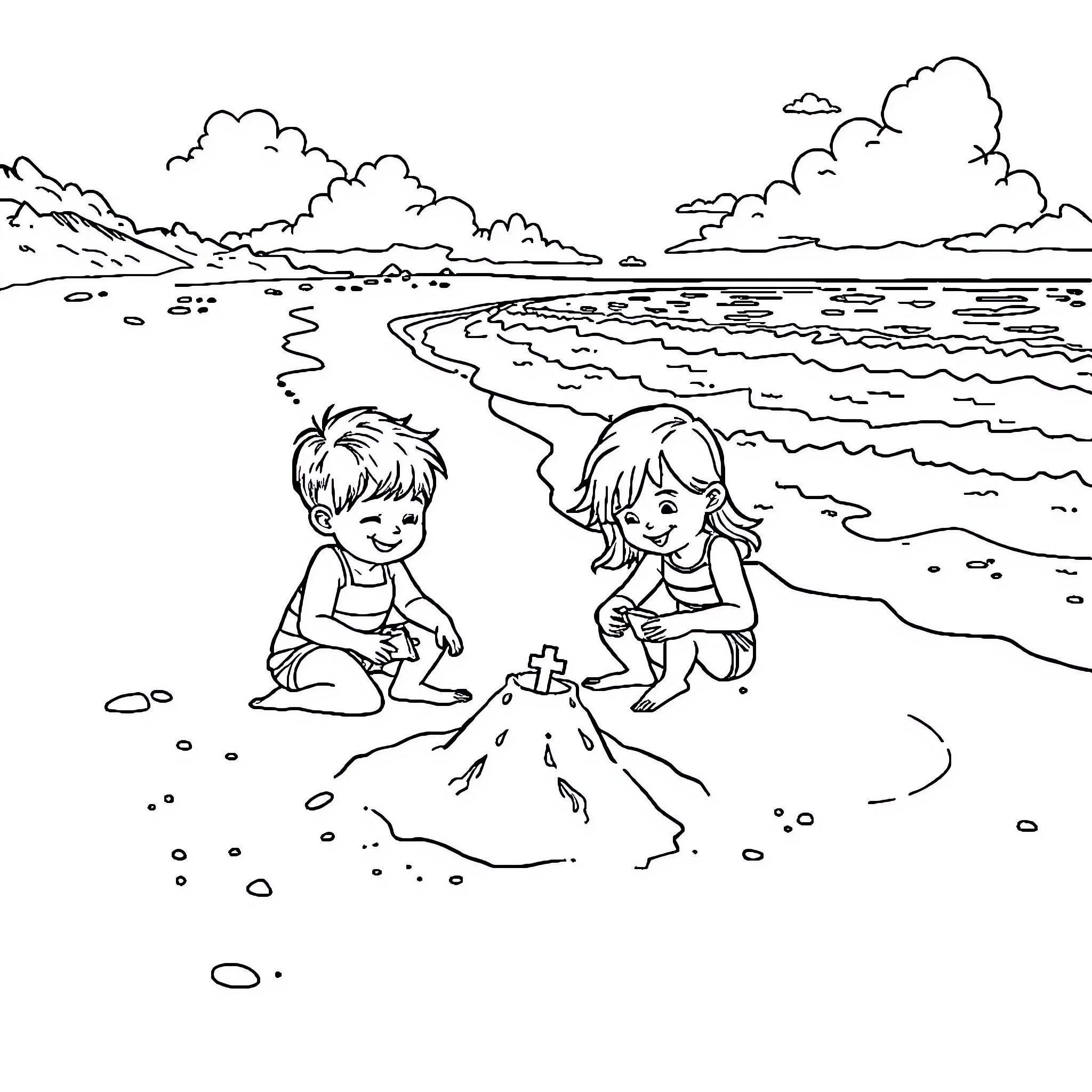 Children playing by the beach Coloring Page (free black-and-white line drawing printable PDF for all, from beginners to advanced learners, including children, teens, adults, and seniors)