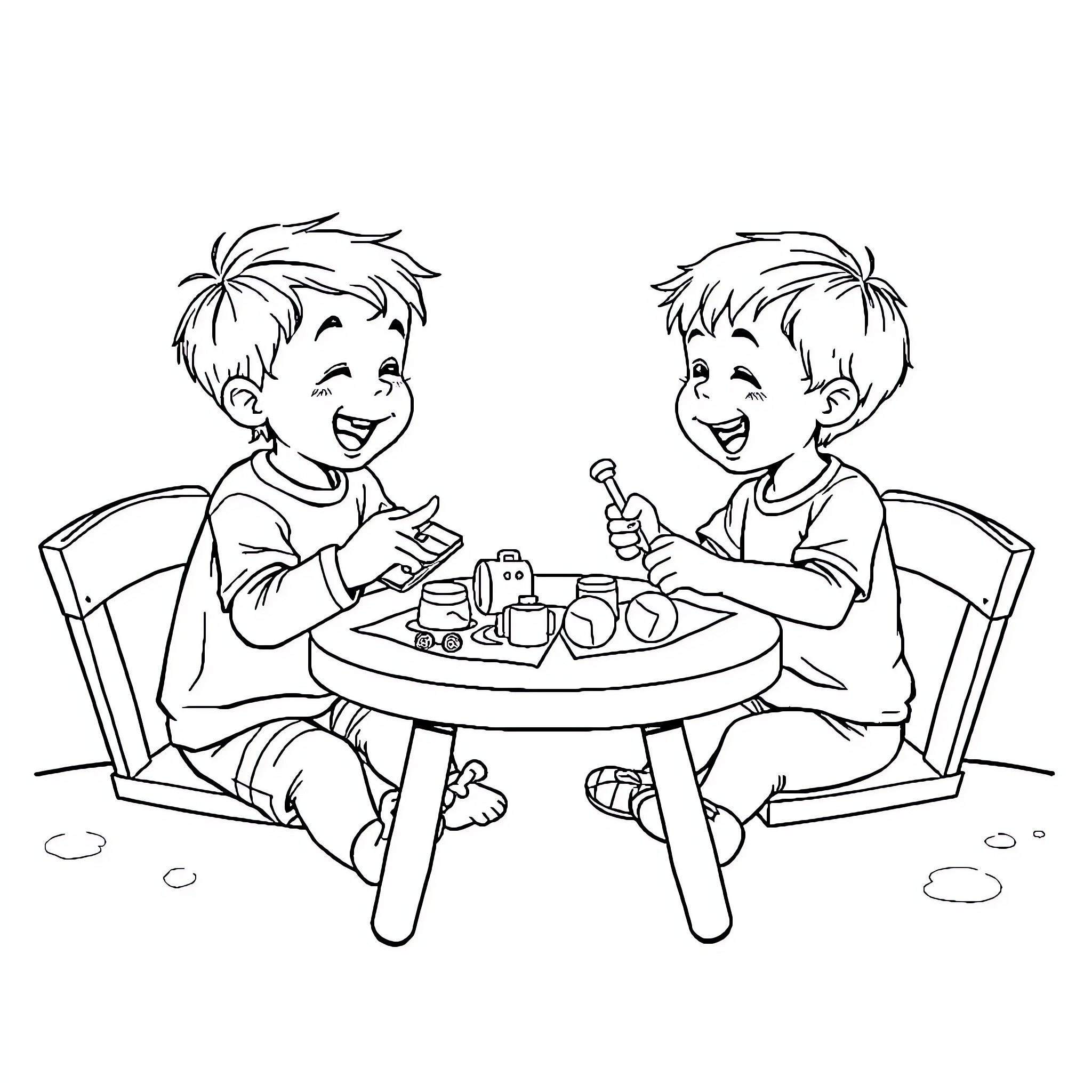 Kid Friends Enjoying Snack Time Together Coloring Page (free black-and-white line drawing printable PDF for all, from beginners to advanced learners, including children, teens, adults, and seniors)