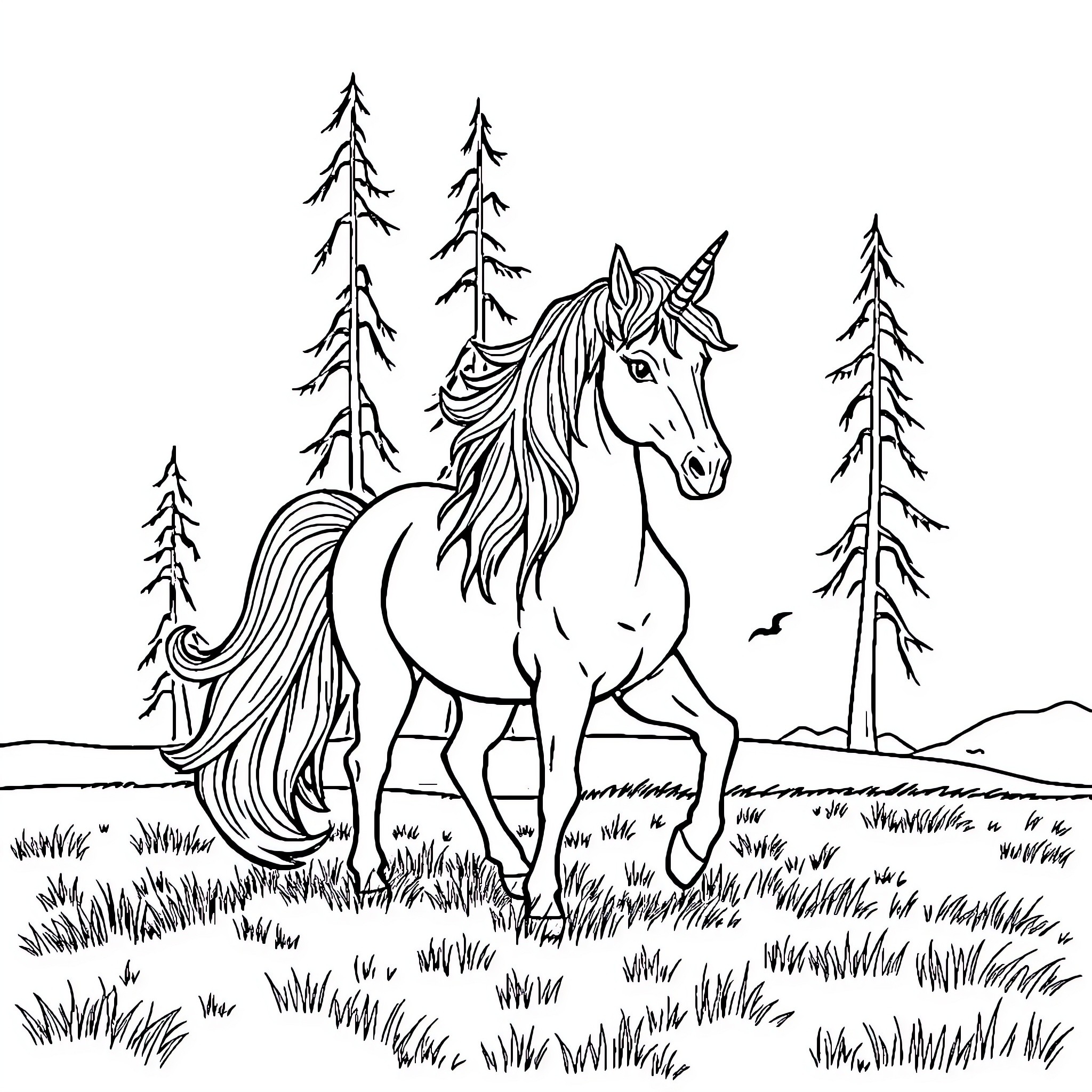 Unicorn Wandering Amidst Forest Scenery Coloring Page (free black-and-white line drawing printable PDF for all, from beginners to advanced learners, including children, teens, adults, and seniors)