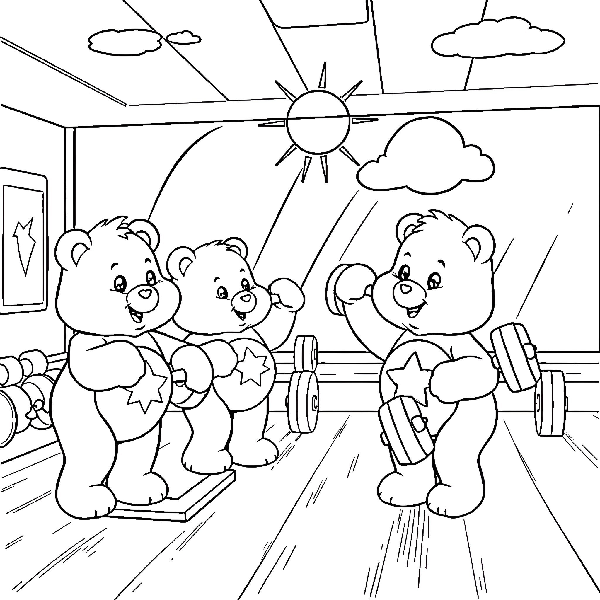 Care Bear friends exercising and lifting weights Coloring Page (free black-and-white line drawing printable PDF for all, from beginners to advanced learners, including children, teens, adults, and seniors)