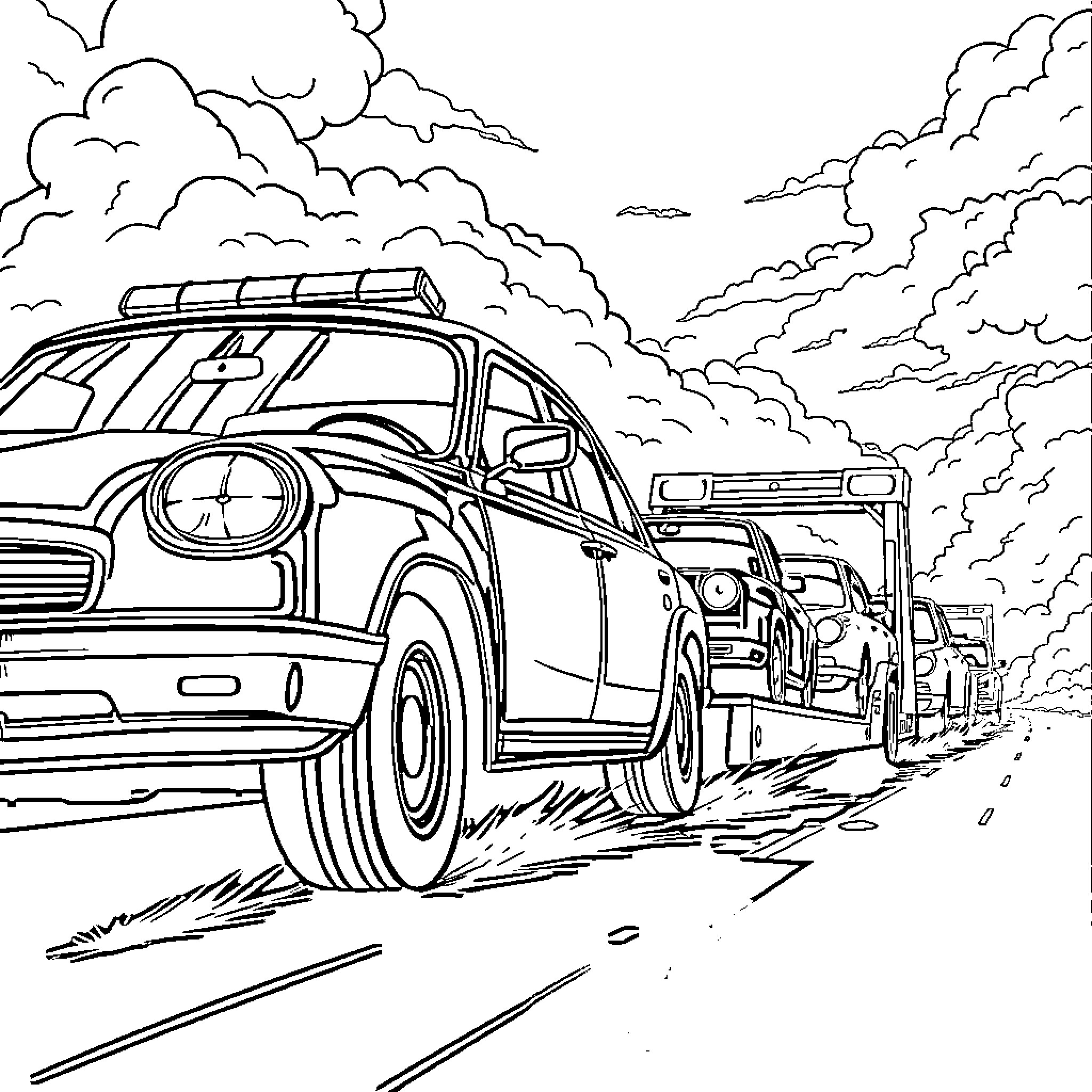 Car convoy on a rugged road Coloring Page (free black-and-white line drawing printable PDF for all, from beginners to advanced learners, including children, teens, adults, and seniors)