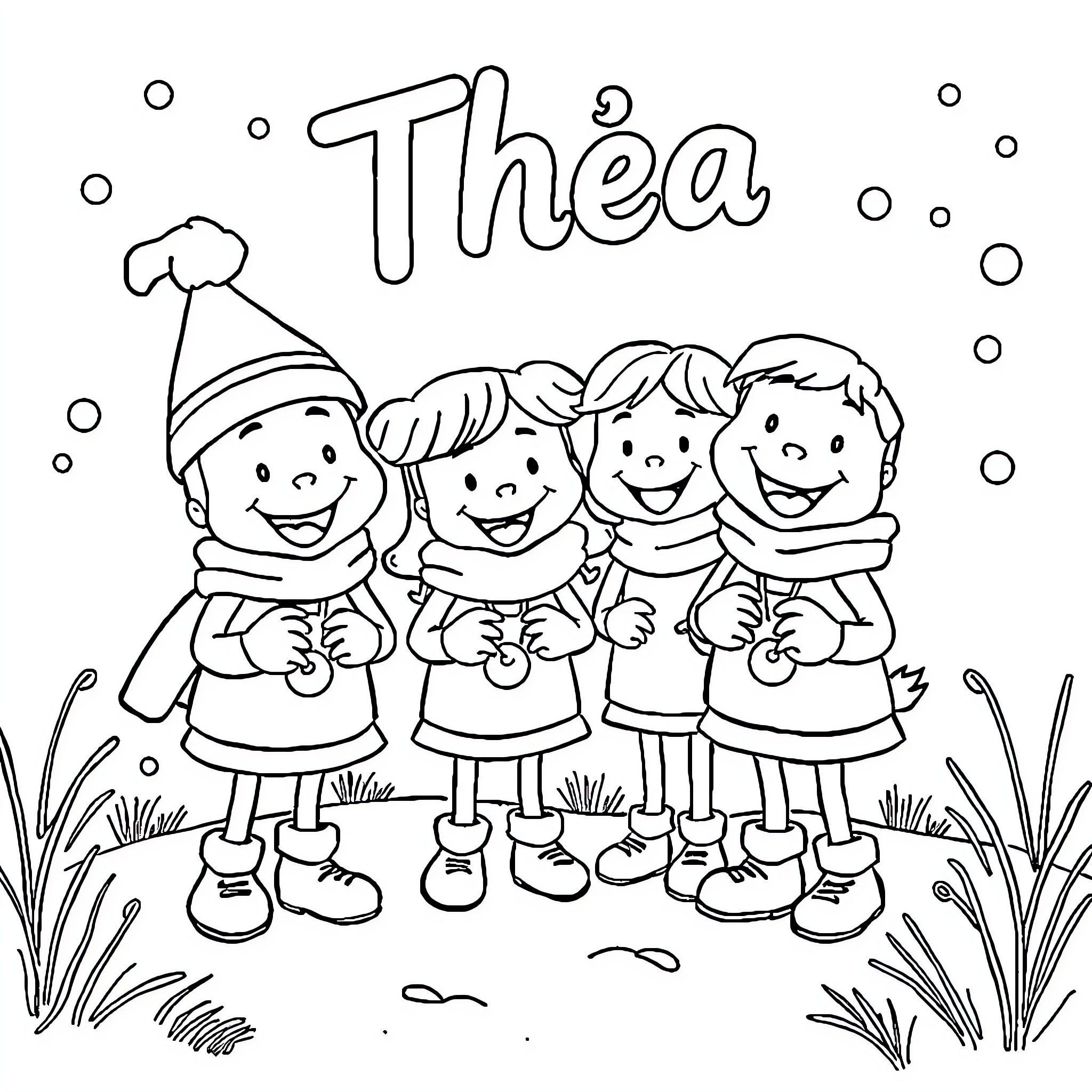 Pat Patrouille Celebrating with Friends in the Snow Coloring Page (free black-and-white line drawing printable PDF for all, from beginners to advanced learners, including children, teens, adults, and seniors)
