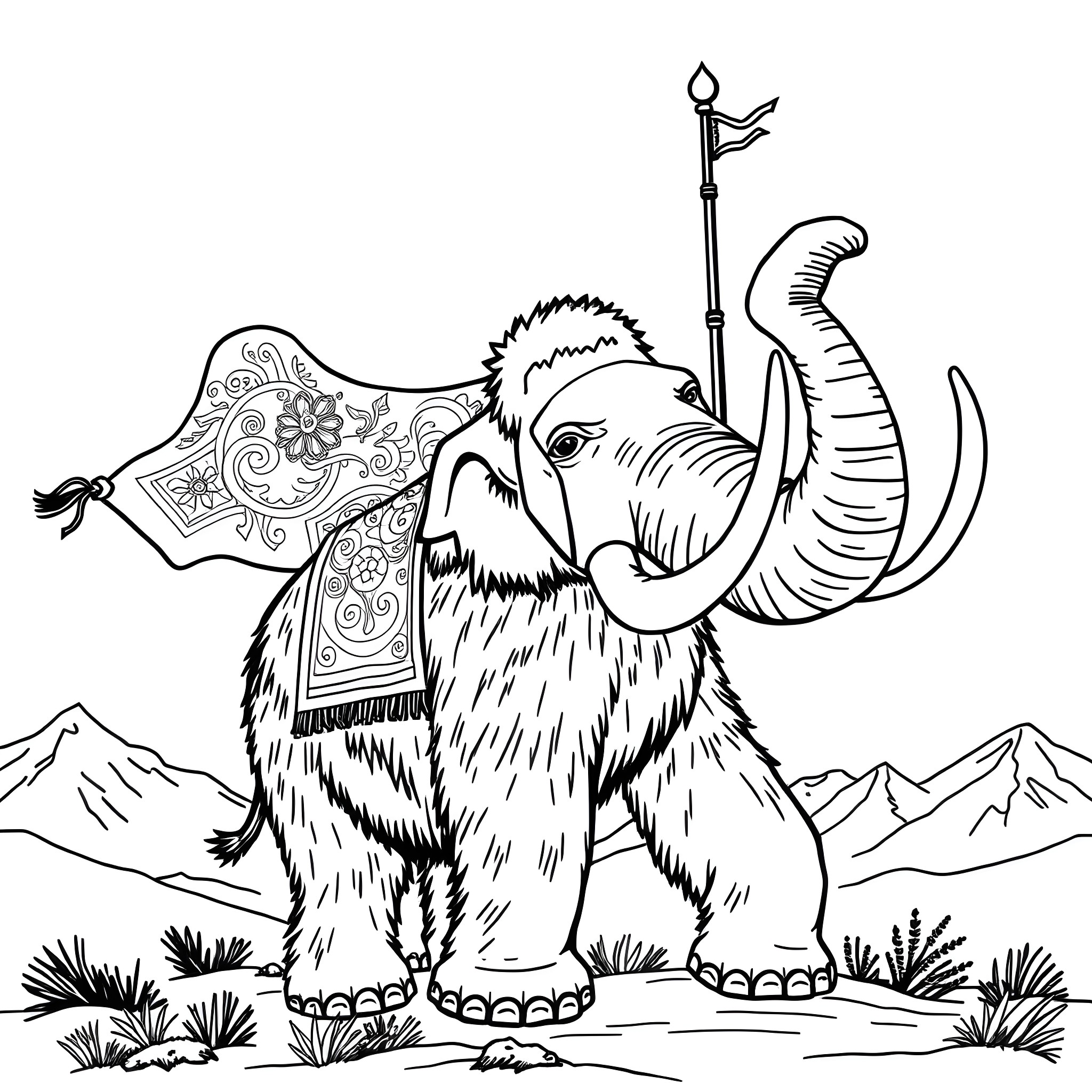 Mammoth carrying a colorful banner in the mountains Coloring Page (free black-and-white line drawing printable PDF for all, from beginners to advanced learners, including children, teens, adults, and seniors)