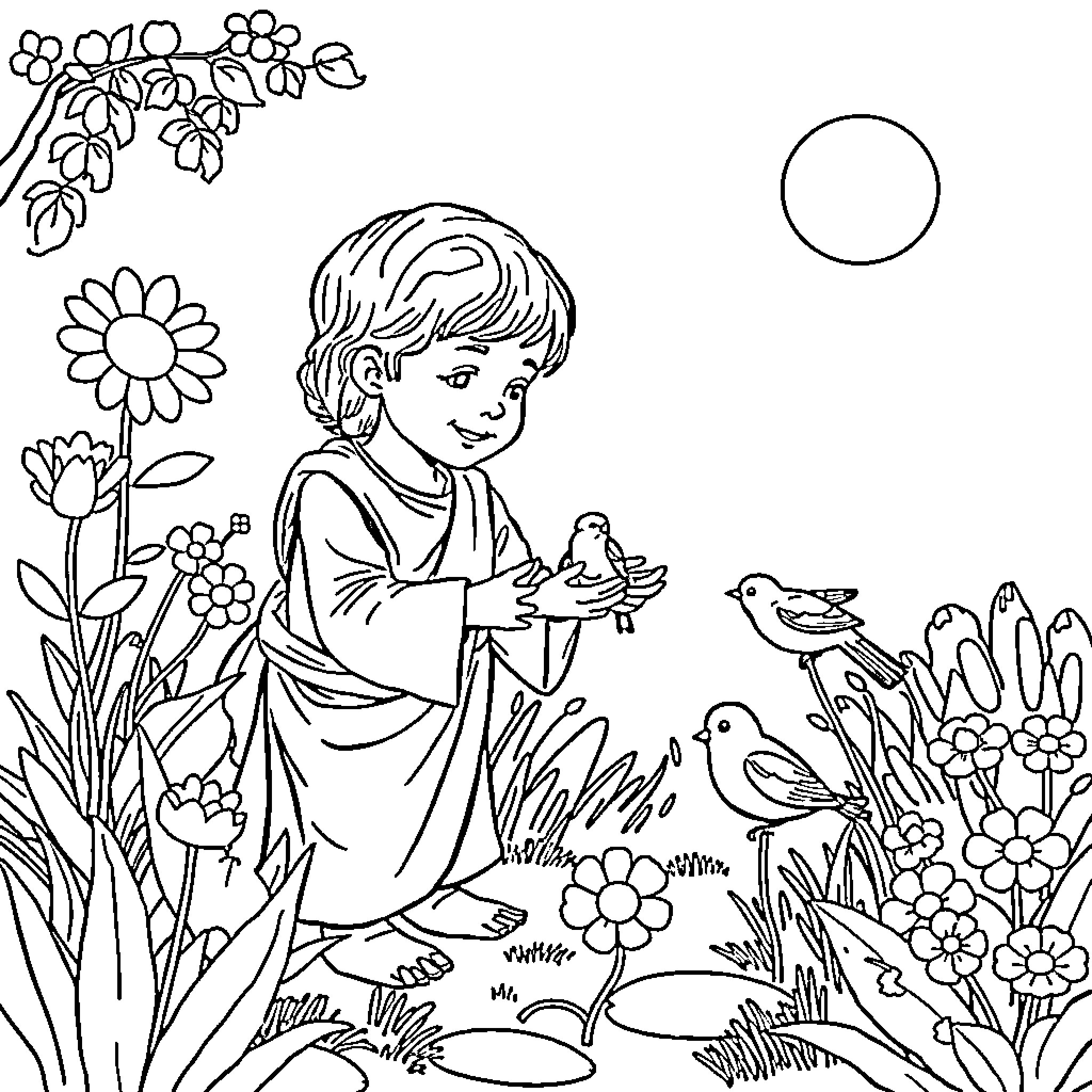 Jesus teaching kindness to animals in the garden Coloring Page (free black-and-white line drawing printable PDF for all, from beginners to advanced learners, including children, teens, adults, and seniors)