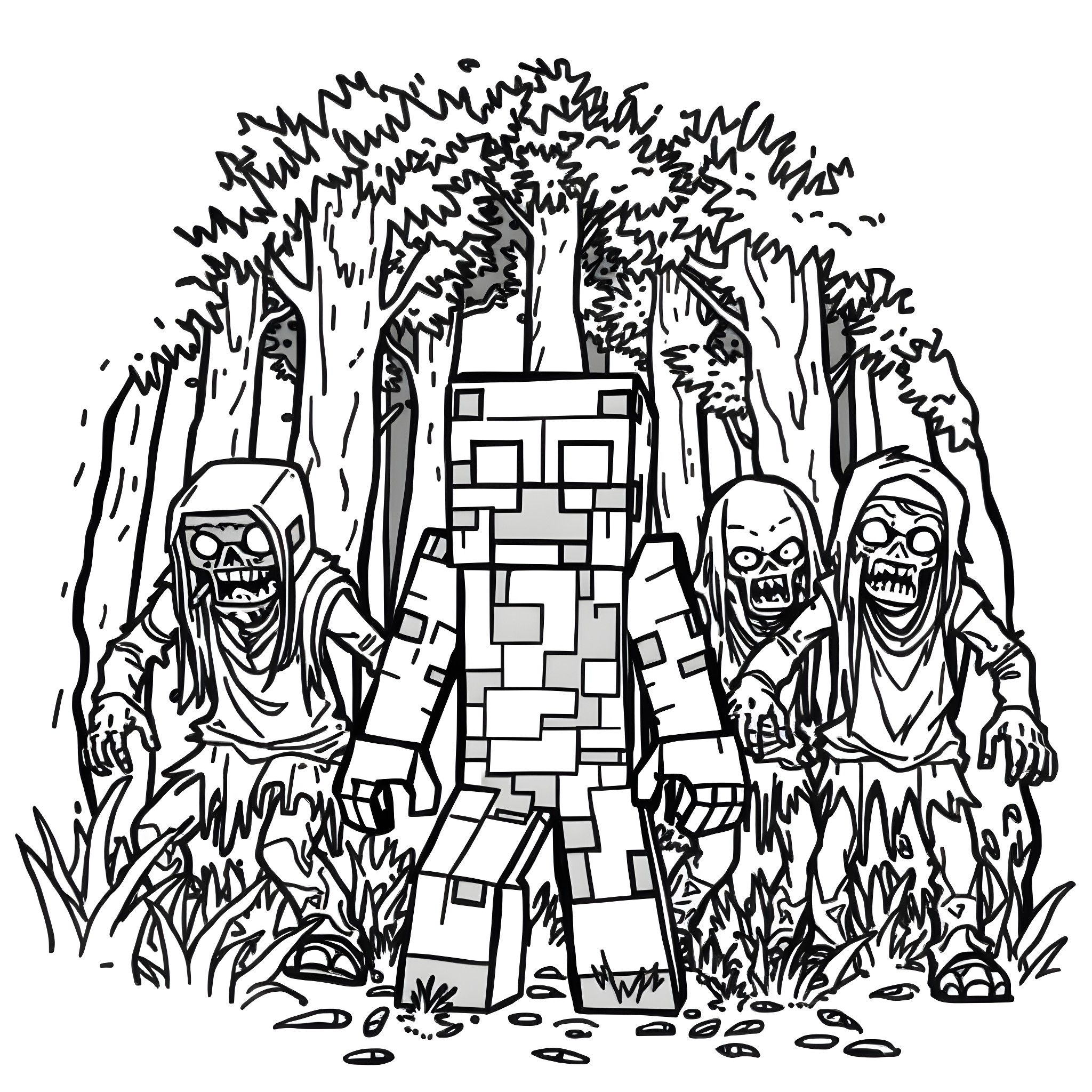 Creeper Monsters Lurking in the Haunted Forest Coloring Page (free black-and-white line drawing printable PDF for all, from beginners to advanced learners, including children, teens, adults, and seniors)