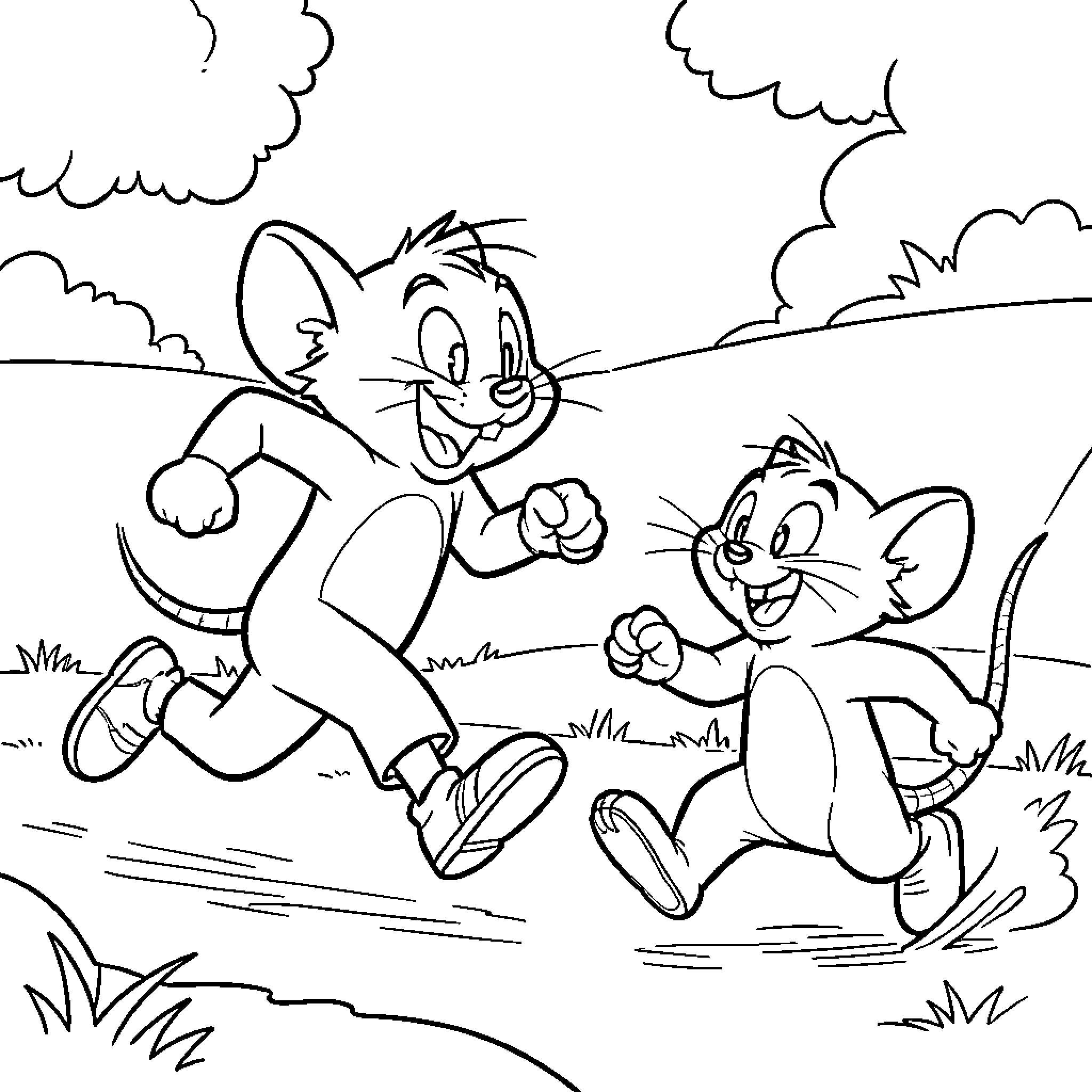 Tom and Jerry characters running joyfully outdoors Coloring Page (free black-and-white line drawing printable PDF for all, from beginners to advanced learners, including children, teens, adults, and seniors)