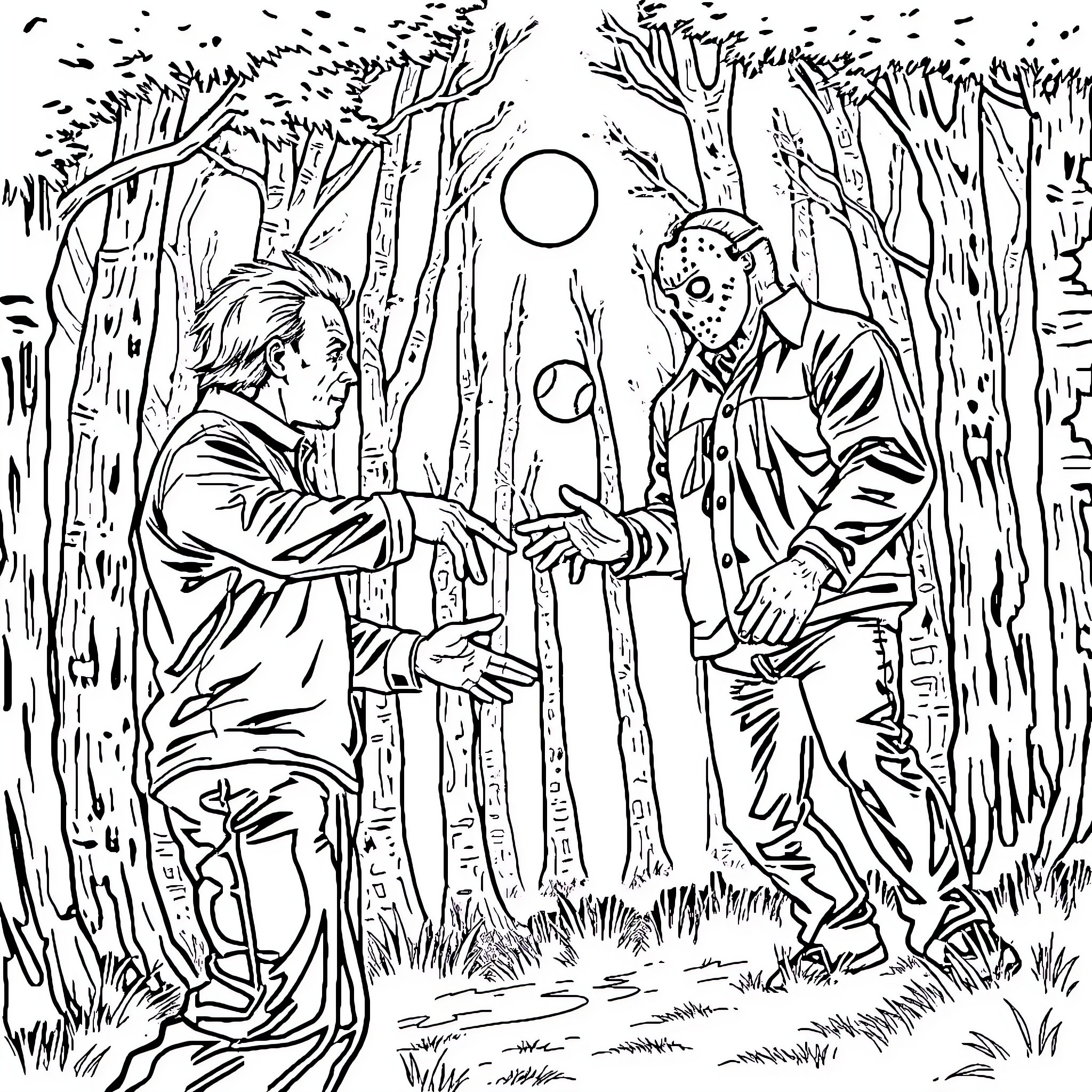 Michael Myers confronts a familiar foe in the forest Coloring Page (free black-and-white line drawing printable PDF for all, from beginners to advanced learners, including children, teens, adults, and seniors)
