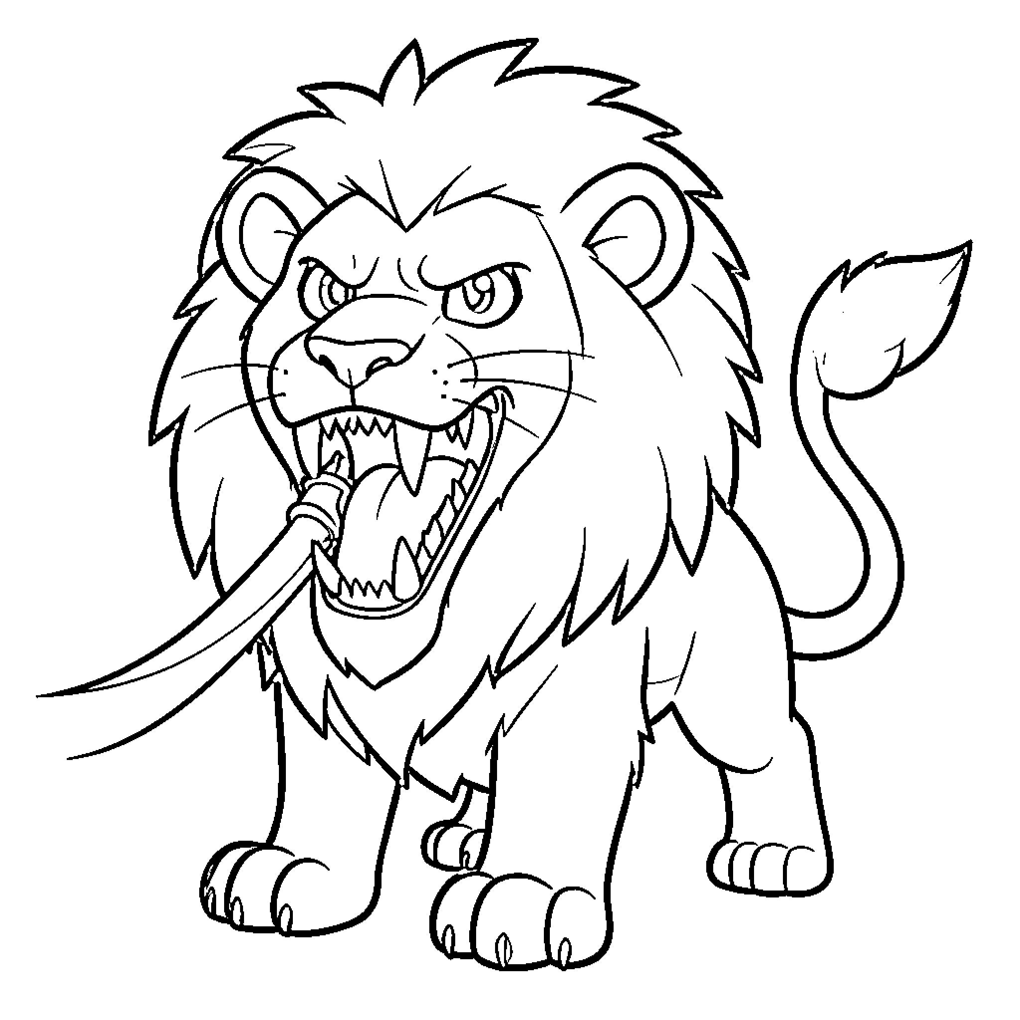 Lion roaring aggressively with sharp teeth Coloring Page (free black-and-white line drawing printable PDF for all, from beginners to advanced learners, including children, teens, adults, and seniors)