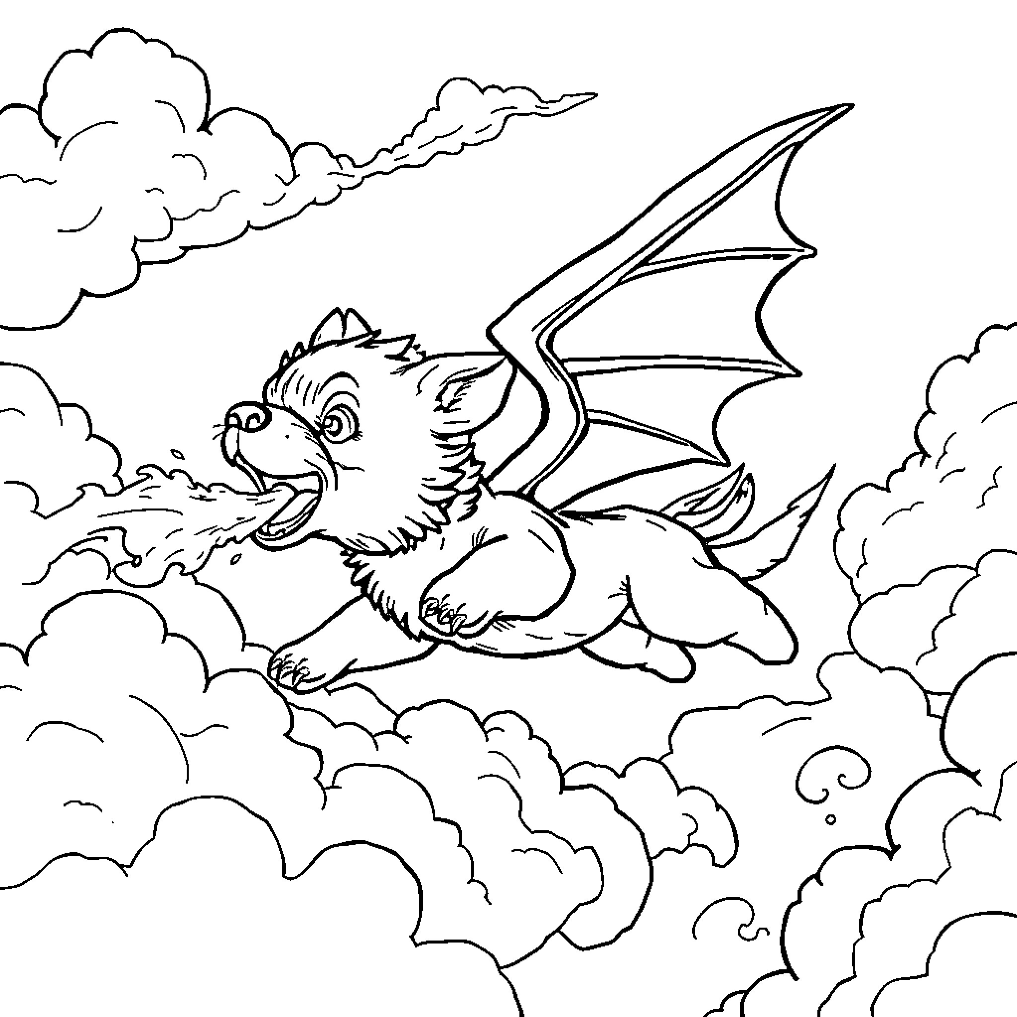 Dog flying through clouds with wings Coloring Page (free black-and-white line drawing printable PDF for all, from beginners to advanced learners, including children, teens, adults, and seniors)