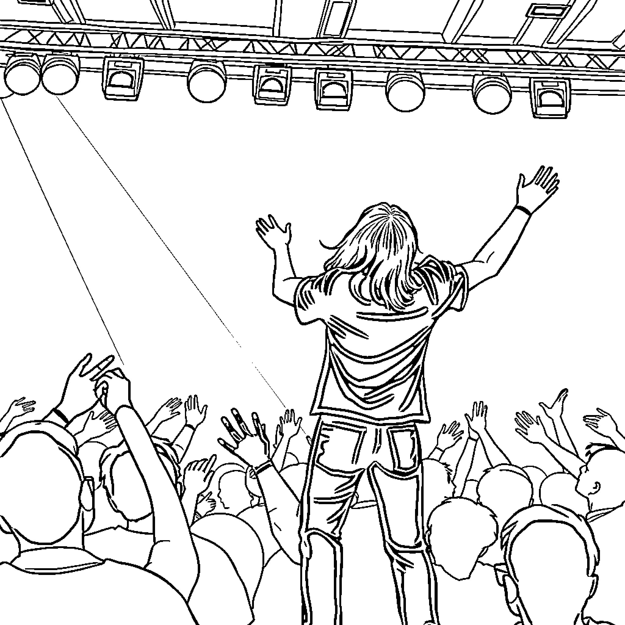 K Pop Singer Performing Energetically on Stage Coloring Page (free black-and-white line drawing printable PDF for all, from beginners to advanced learners, including children, teens, adults, and seniors)